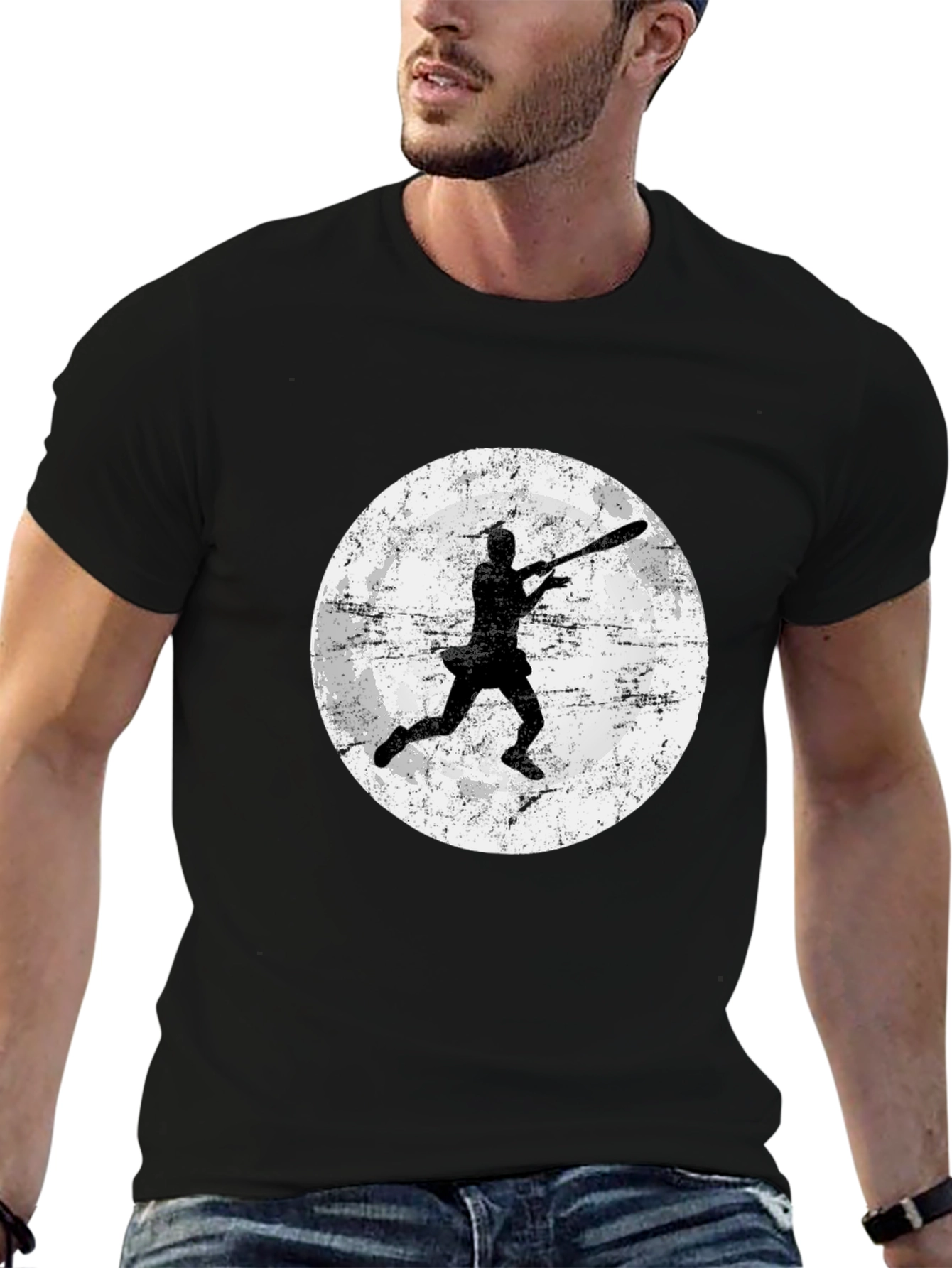 Baseball Moon Graphic Tee - Black Cotton Shirt