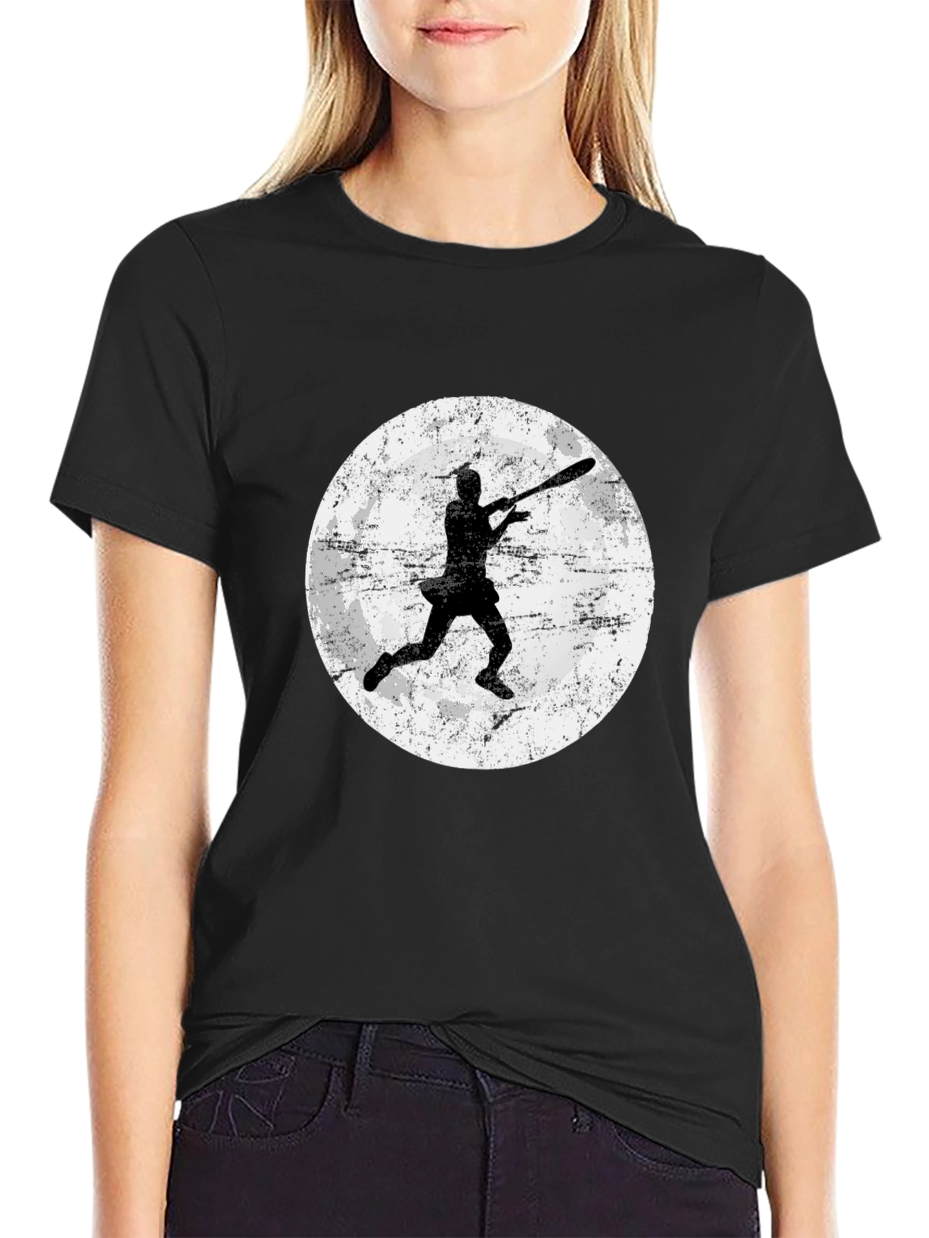 Baseball Moon Graphic Tee - Black Cotton Shirt