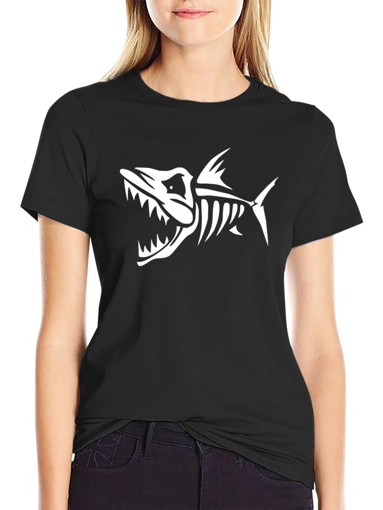 Cool Skeleton Fish Graphic T-Shirt - Black