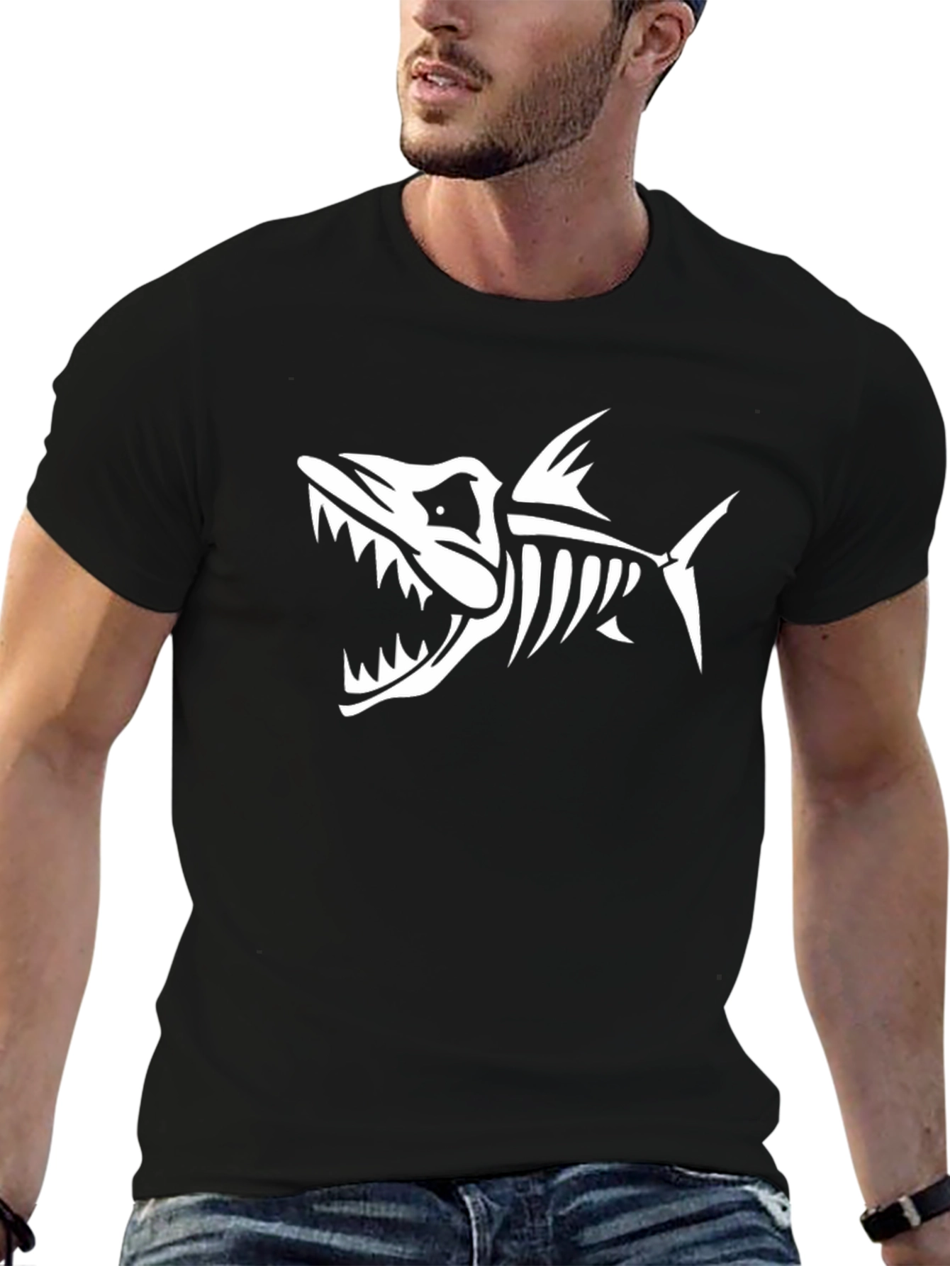 Cool Skeleton Fish Graphic T-Shirt - Black