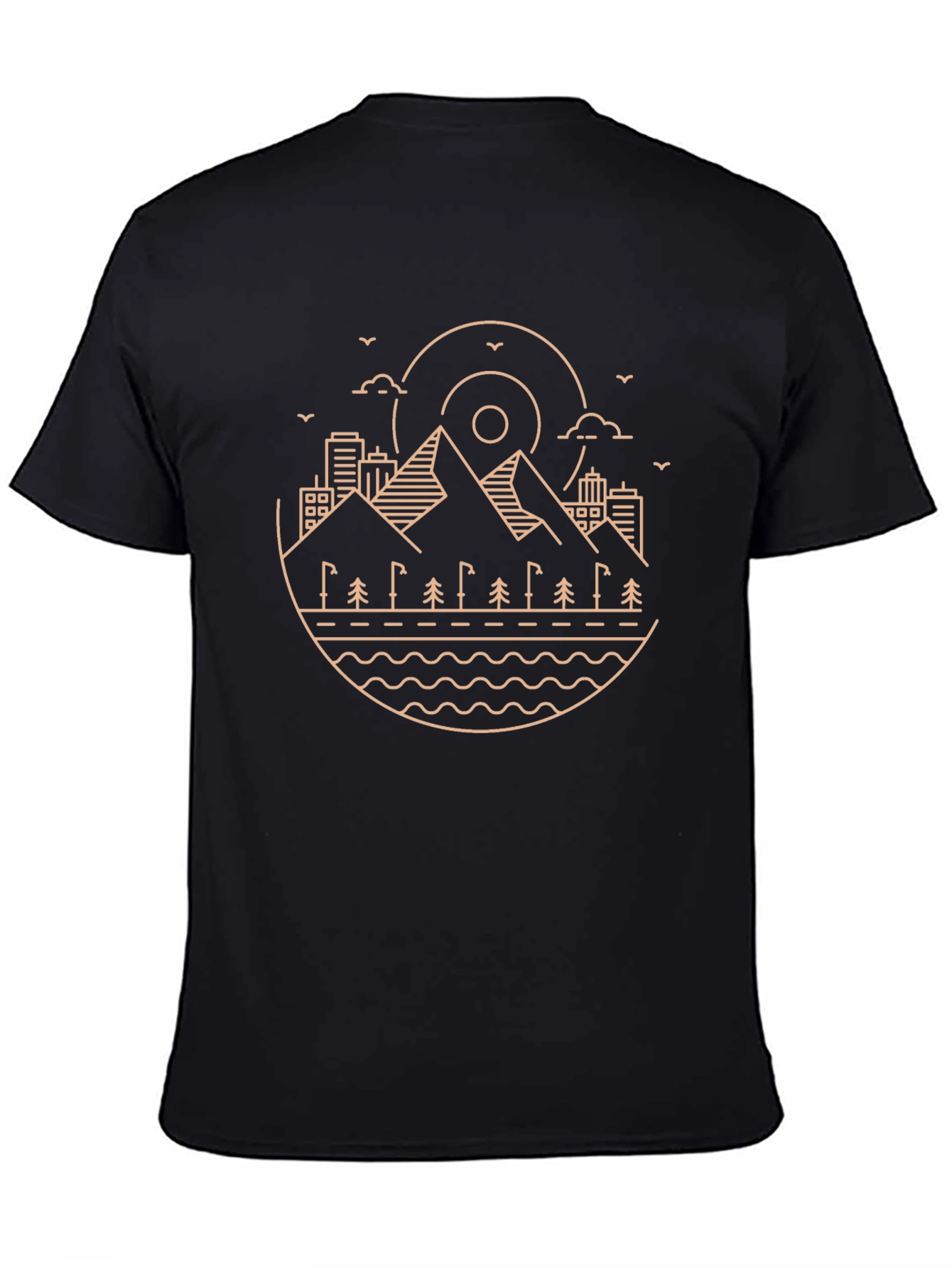 Minimalist Mountain Scene Black T-Shirt