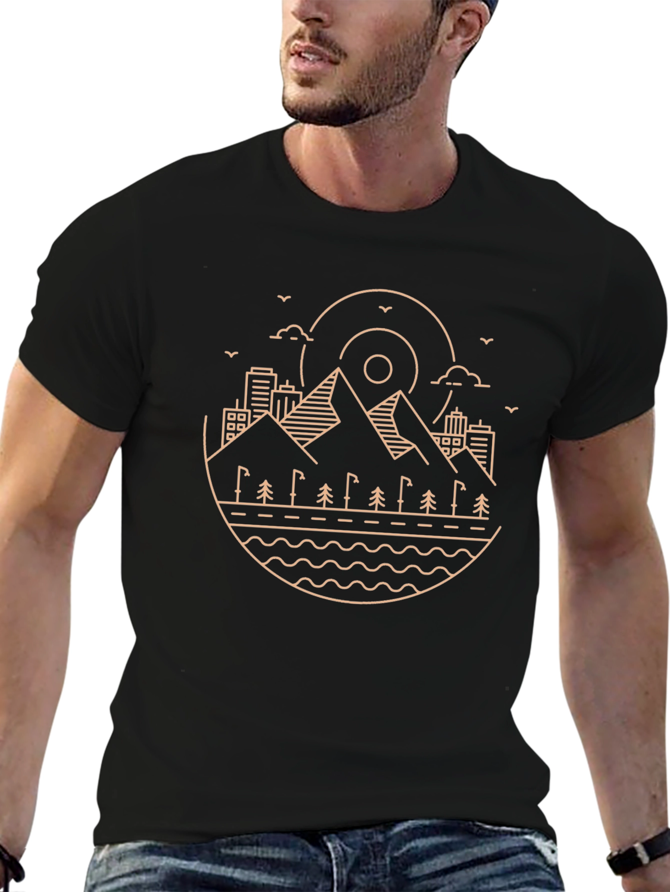 Minimalist Mountain Scene Black T-Shirt
