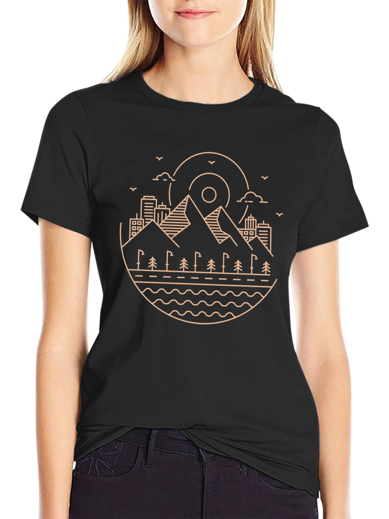 Minimalist Mountain Scene Black T-Shirt