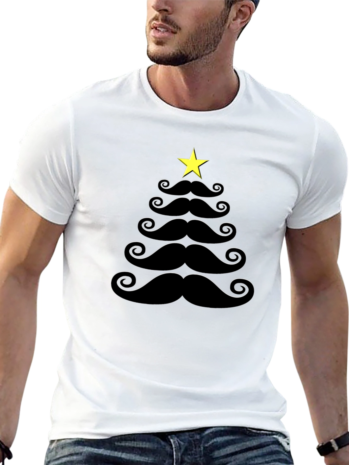 Mustache Christmas Tree Black T-Shirt