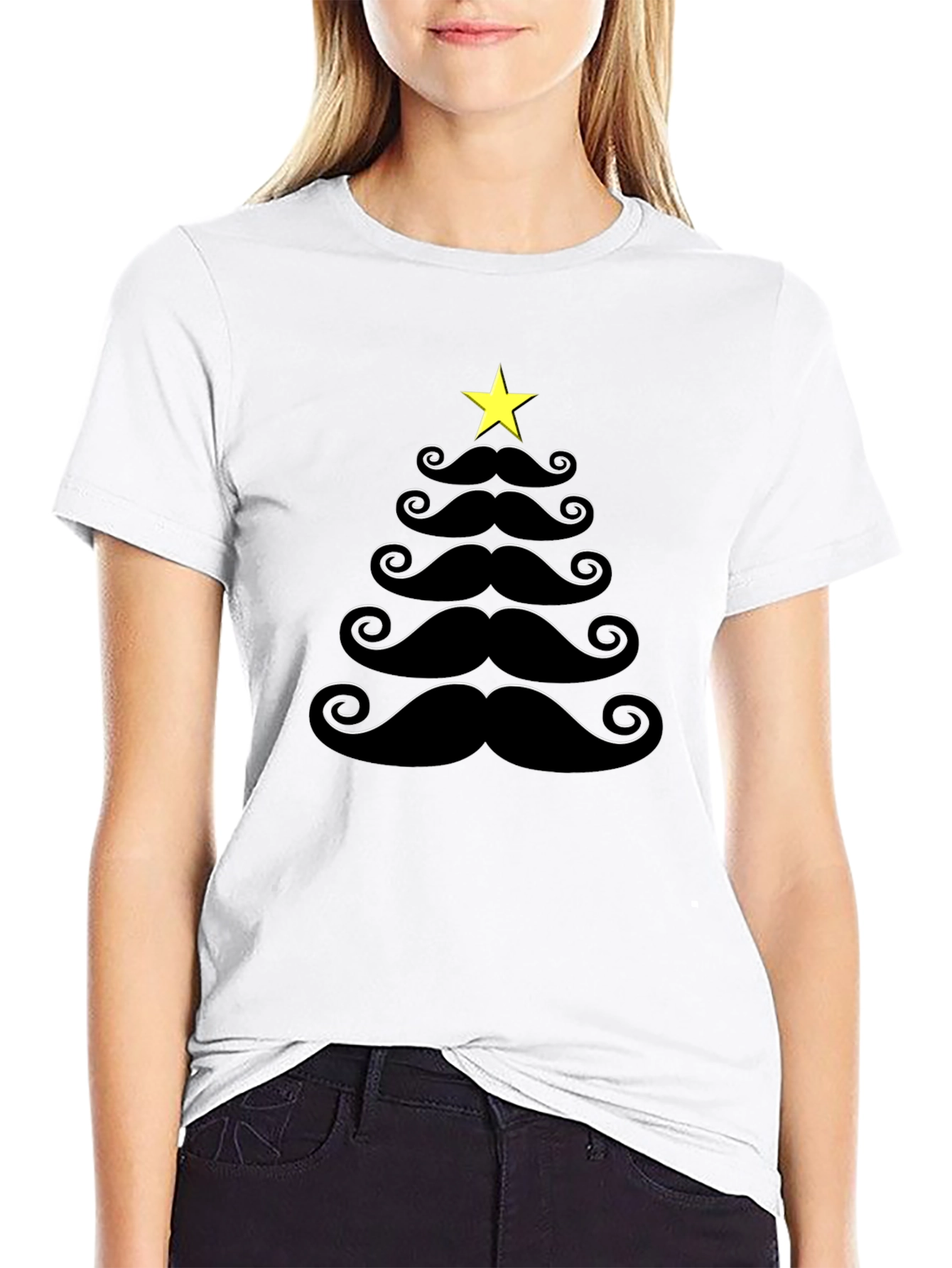Mustache Christmas Tree Black T-Shirt