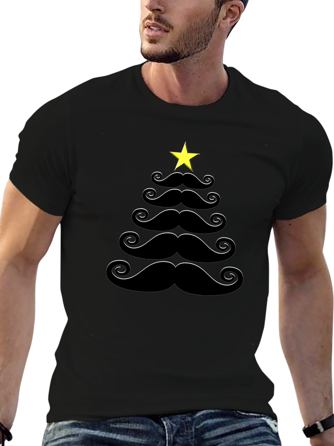 Mustache Christmas Tree Black T-Shirt