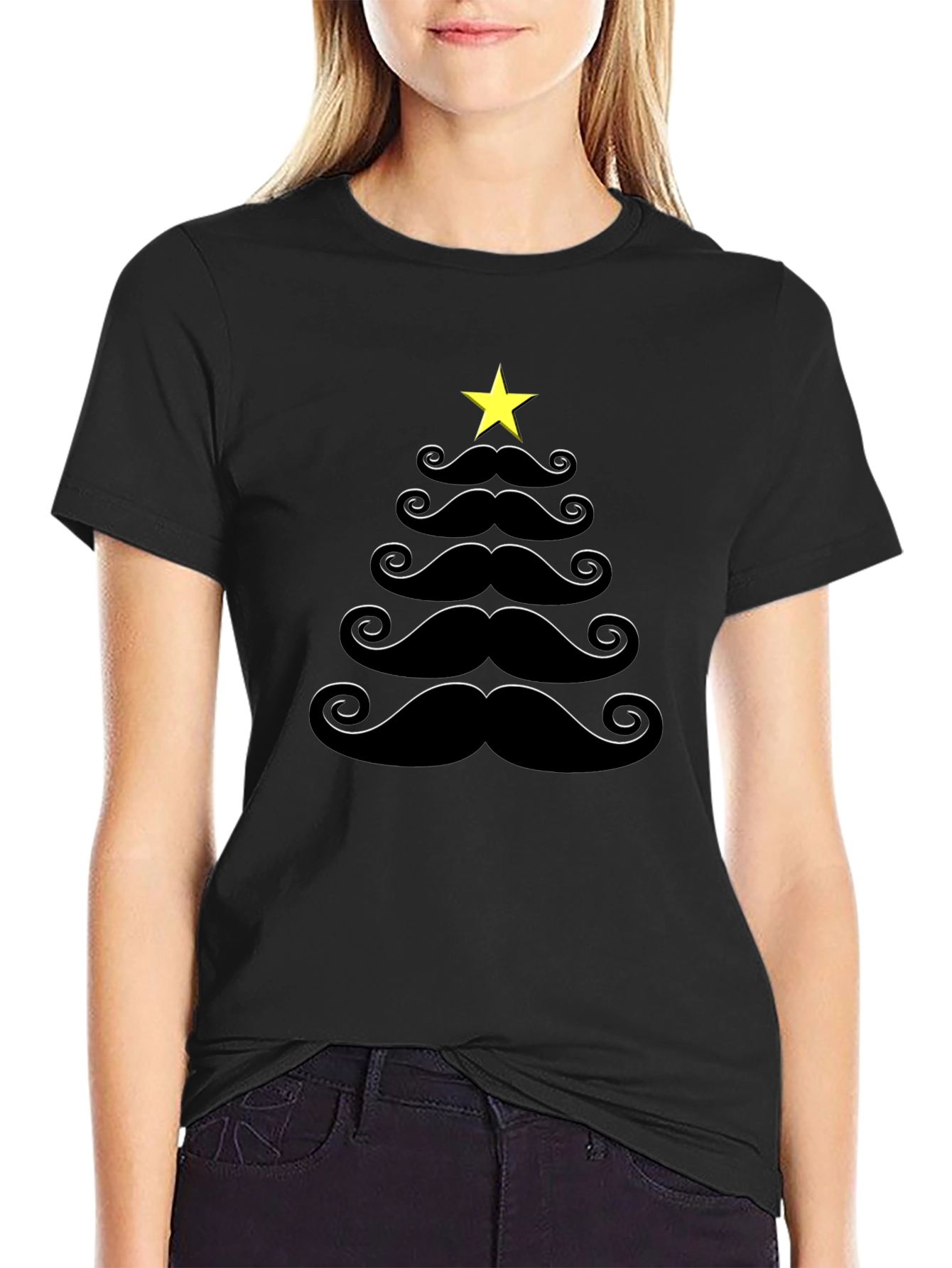Mustache Christmas Tree Black T-Shirt