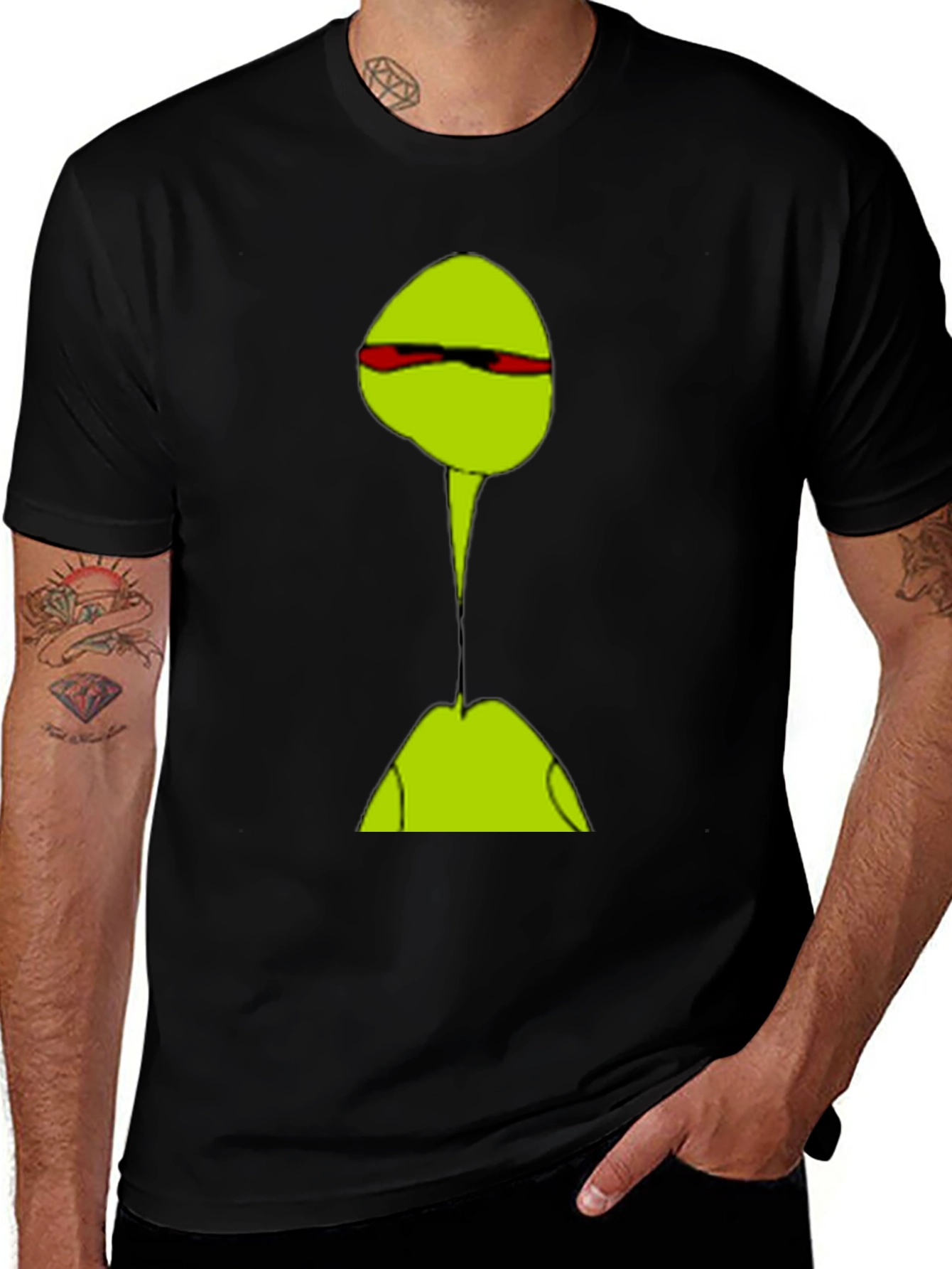 Abstract Green Character T-Shirt - Casual Black Tee