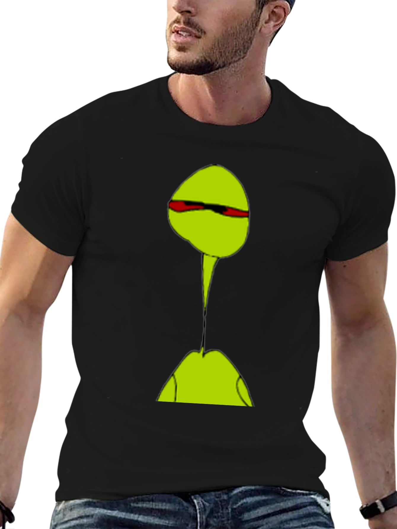Abstract Green Character T-Shirt - Casual Black Tee