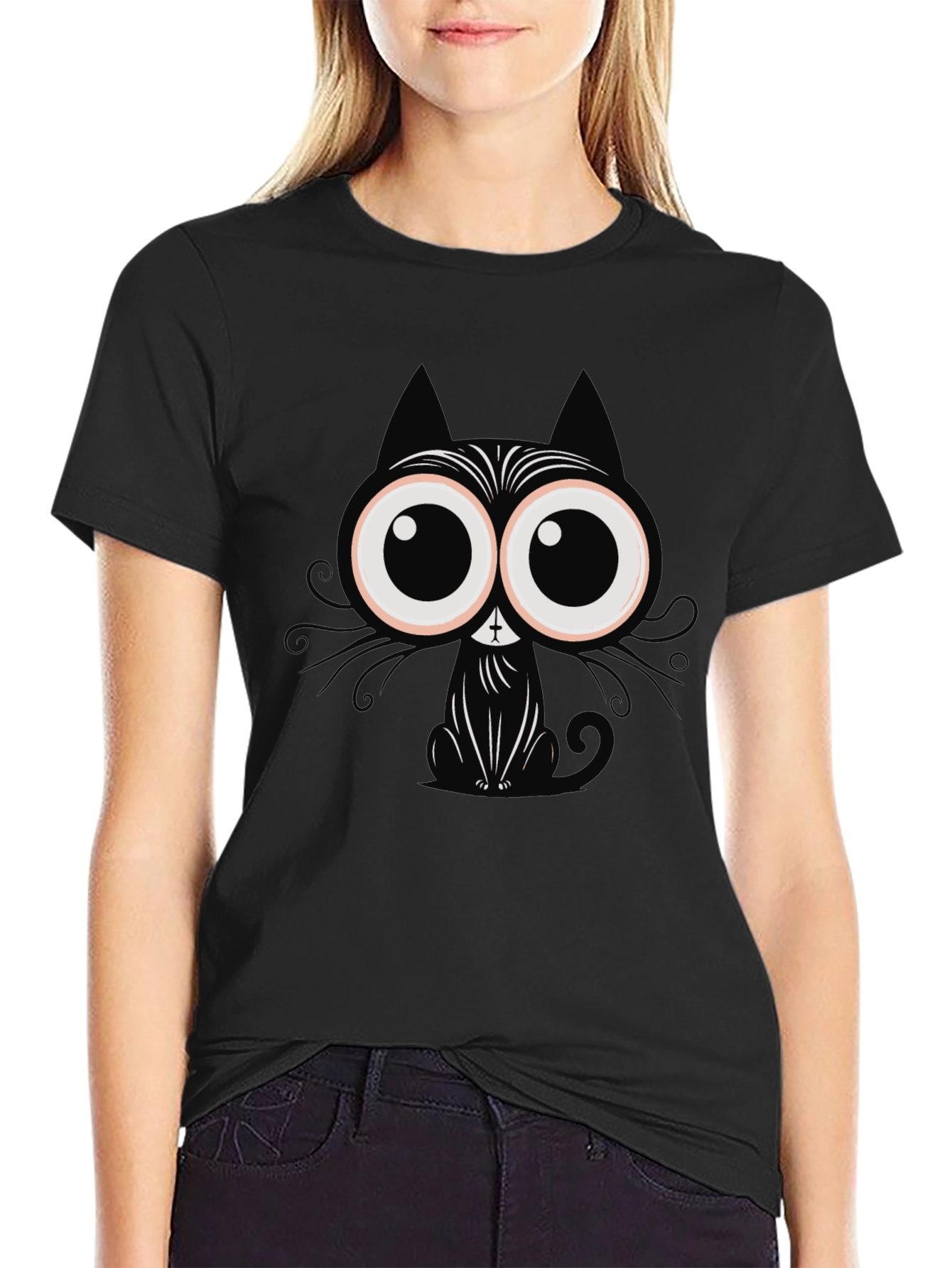 Cartoon Cat Graphic T-Shirt - Black