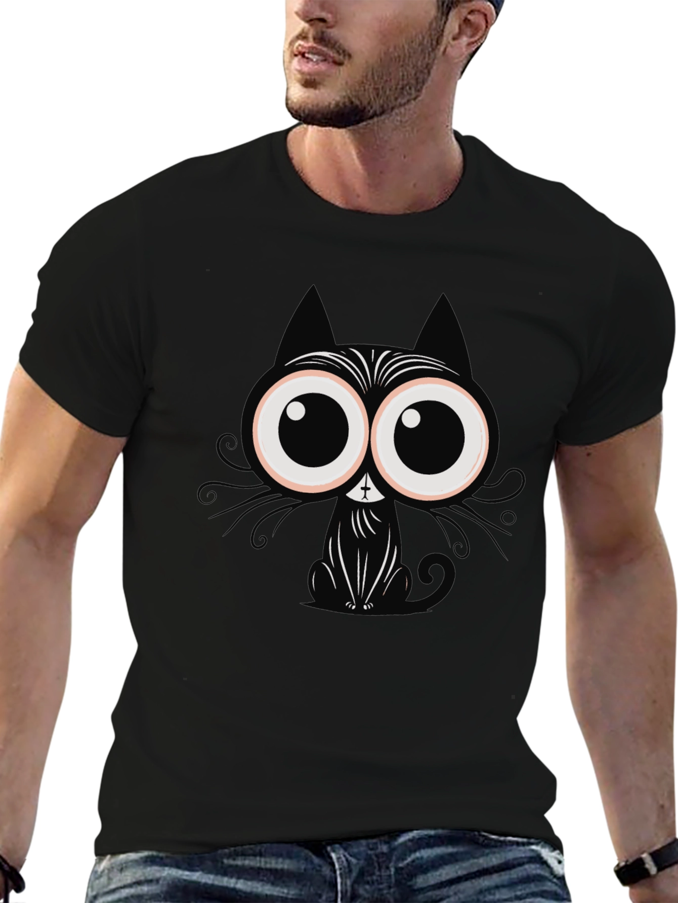 Cartoon Cat Graphic T-Shirt - Black