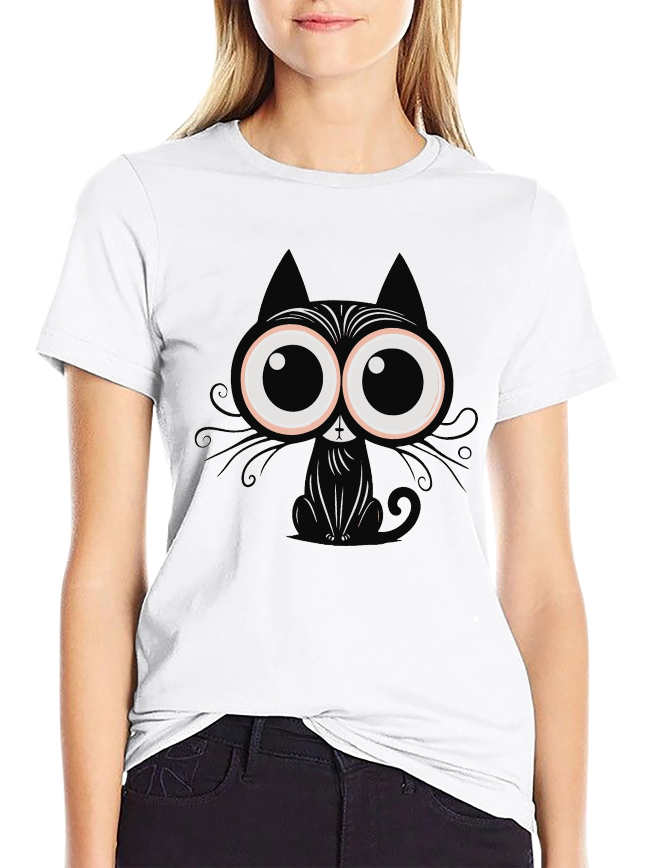 Cartoon Cat Graphic T-Shirt - Black