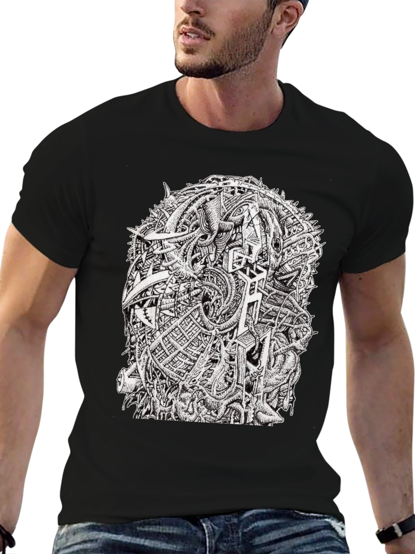 Abstract Graphic Tee - Black Crew Neck Cotton T-Shirt