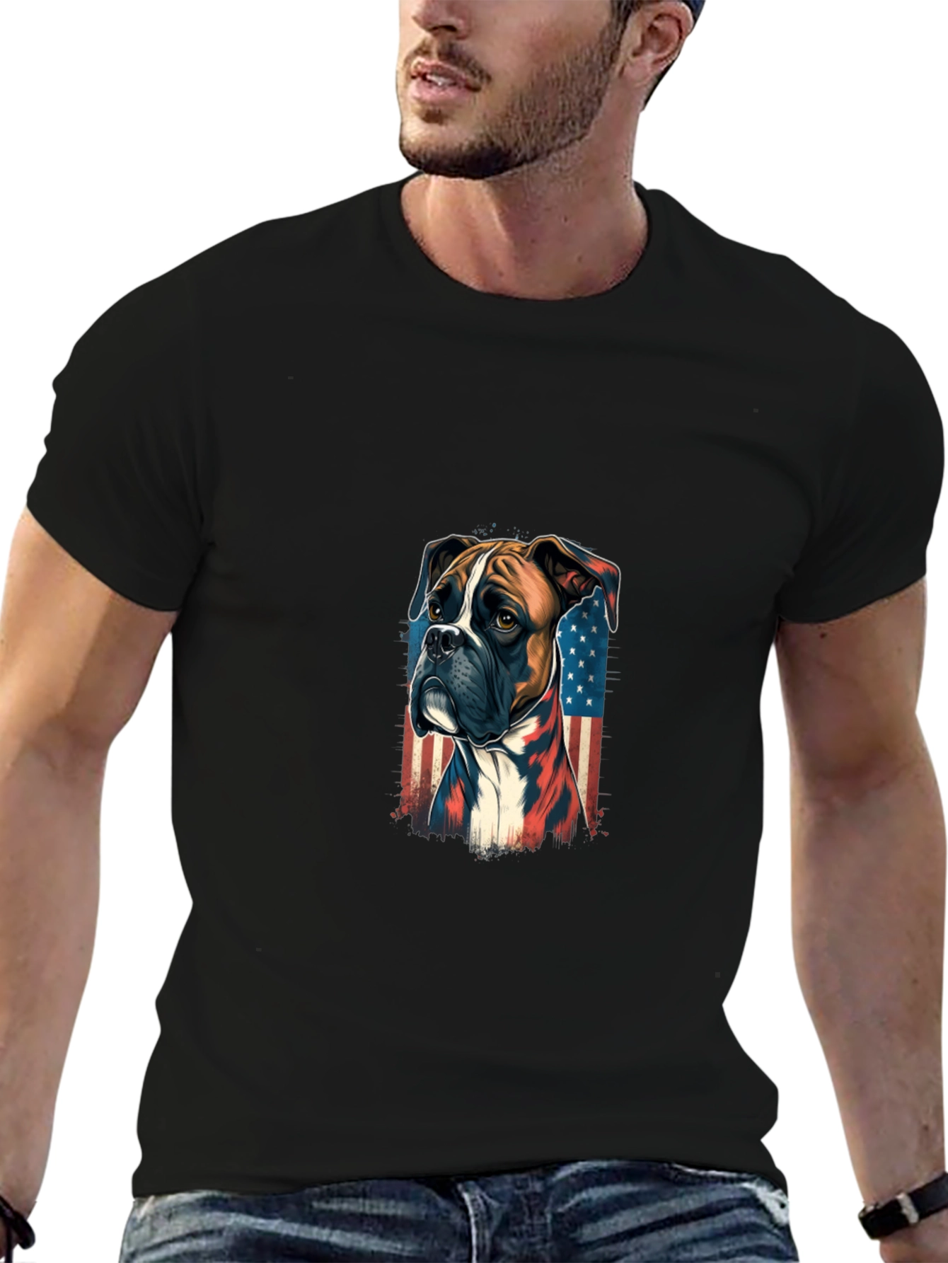 Patriotic Boxer Dog Graphic Tee - Black