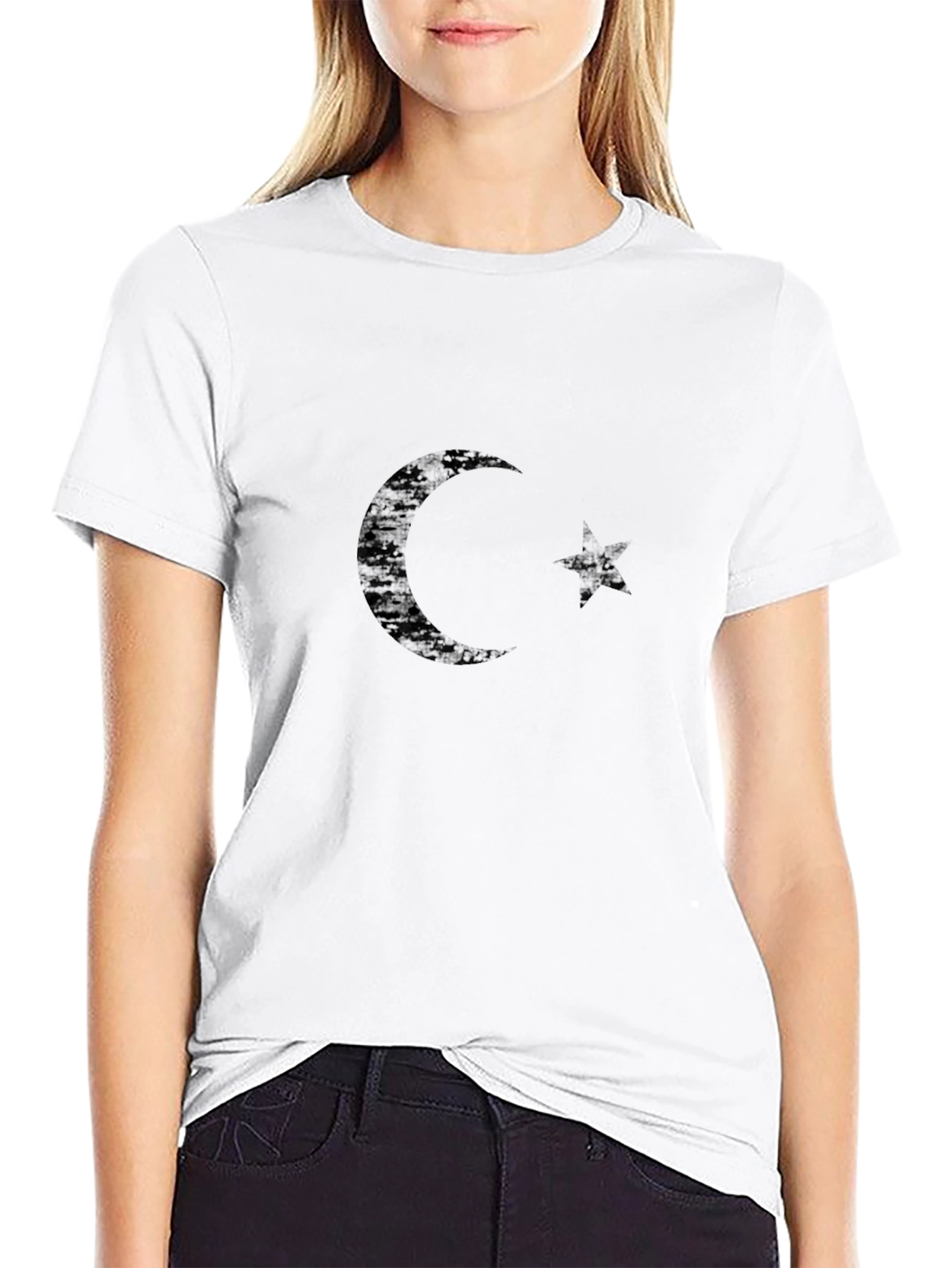 Distressed Crescent Moon & Star Black T-Shirt