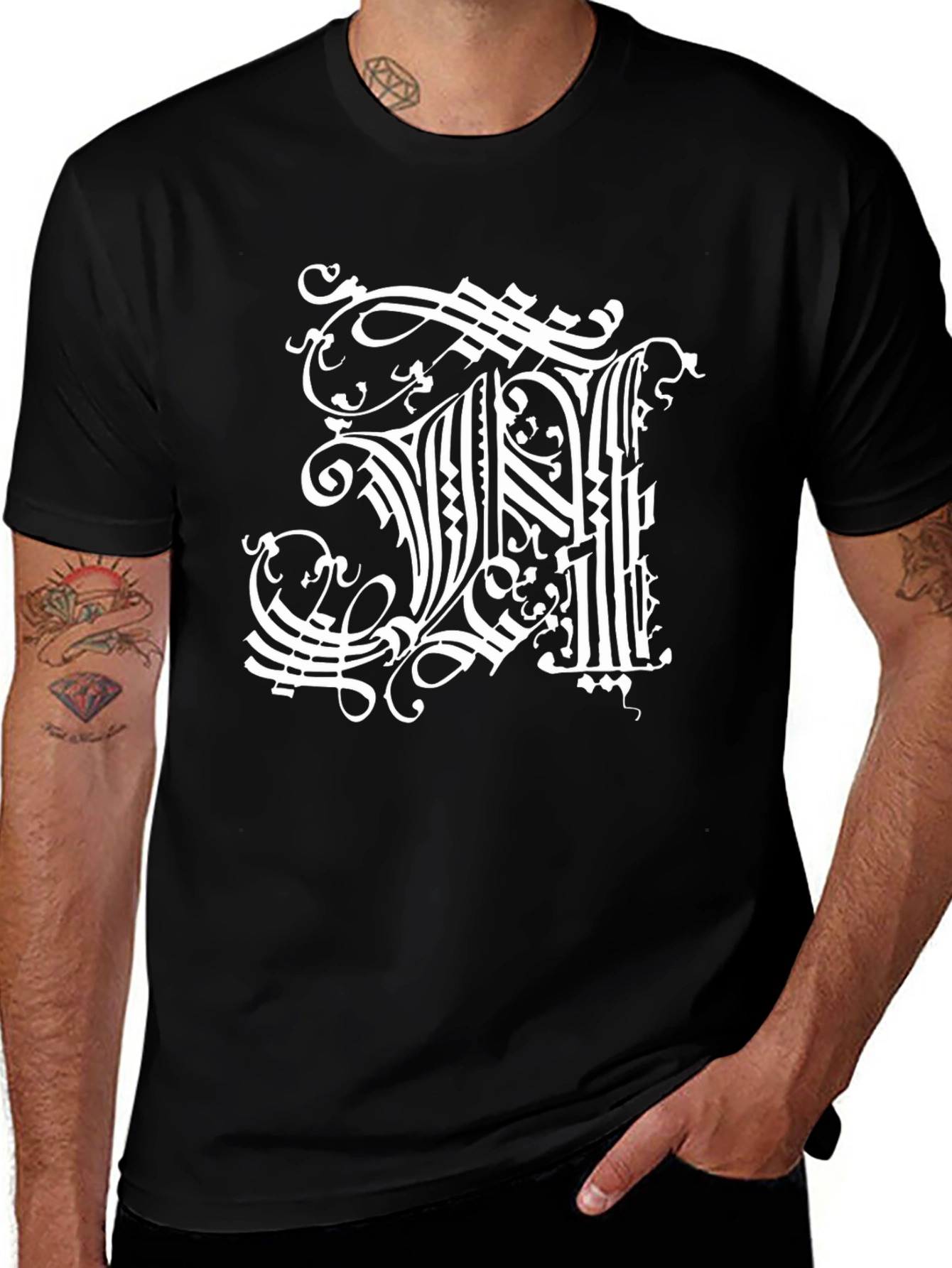 Ornate Initial H Graphic Black T-Shirt