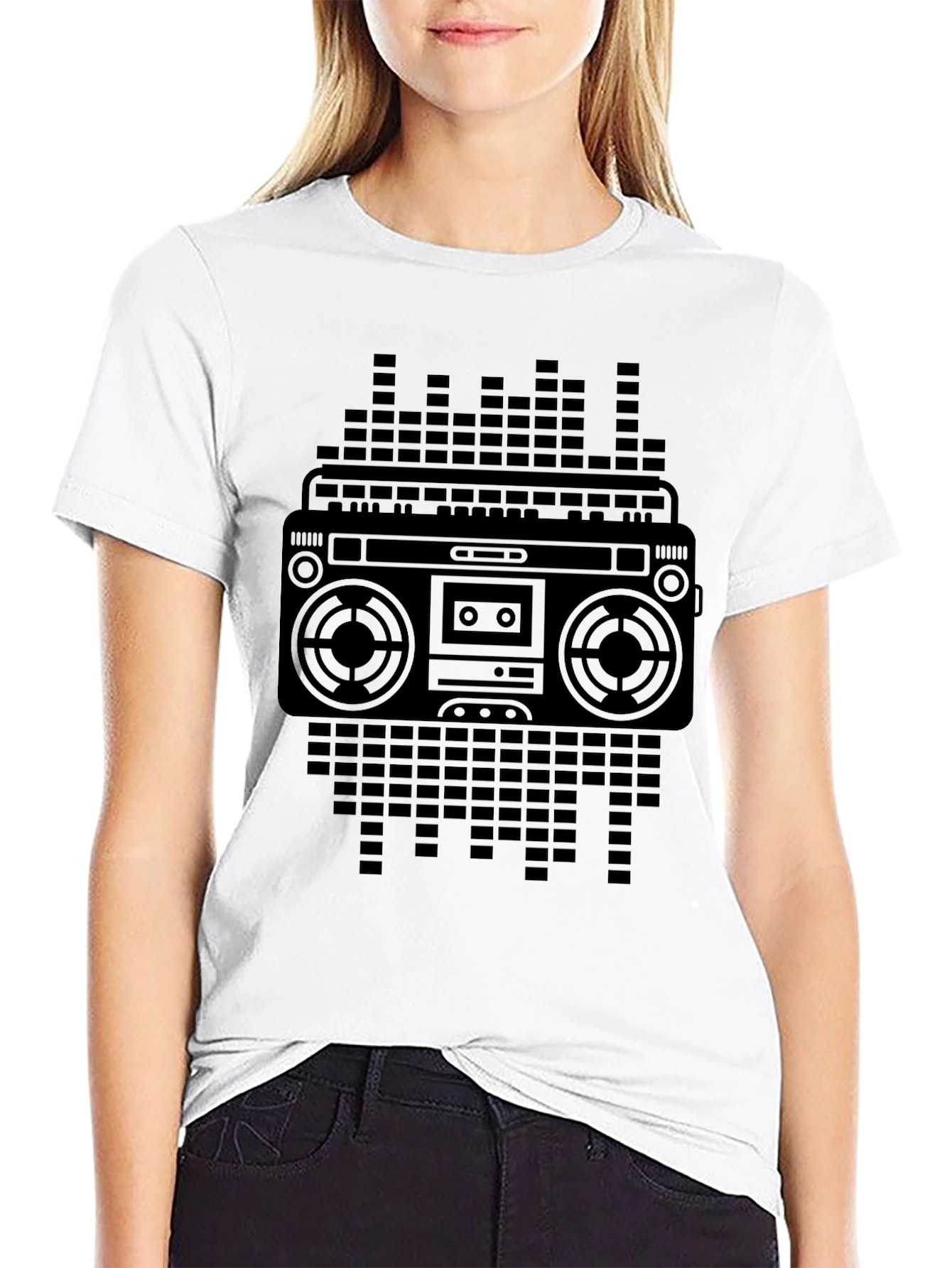 Retro Boombox Graphic Tee - Black Cotton Blend