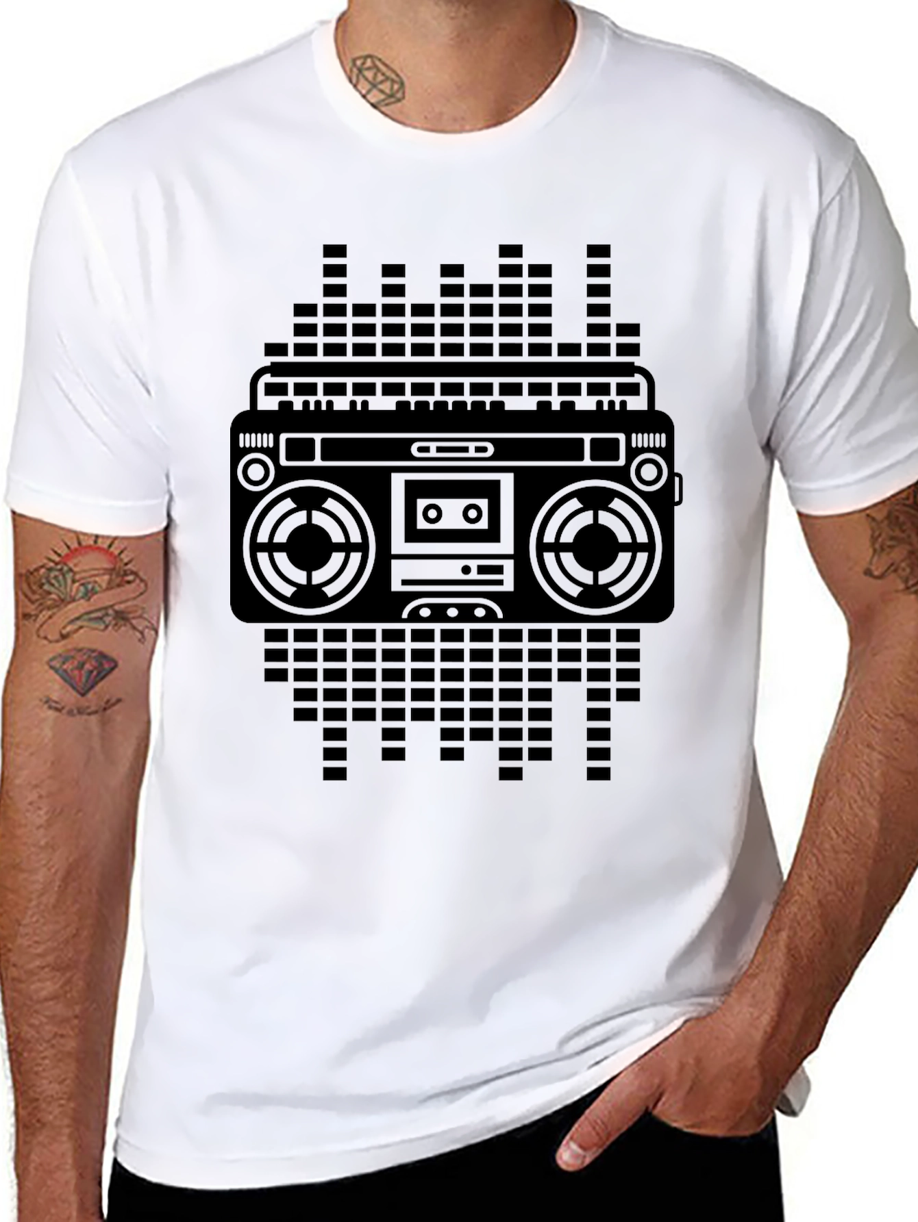 Retro Boombox Graphic Tee - Black Cotton Blend