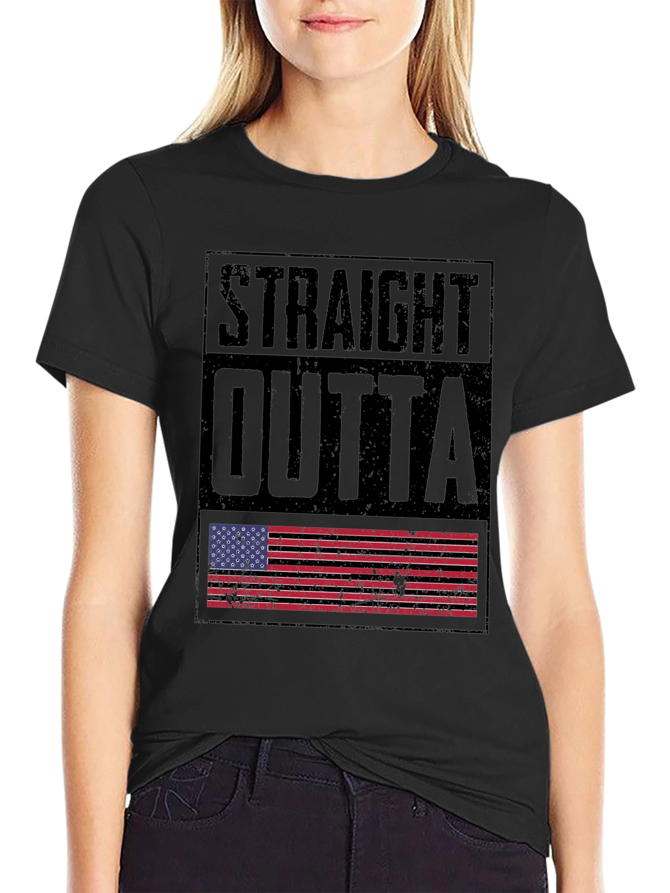 Straight Outta America T-Shirt - Distressed US Flag Design
