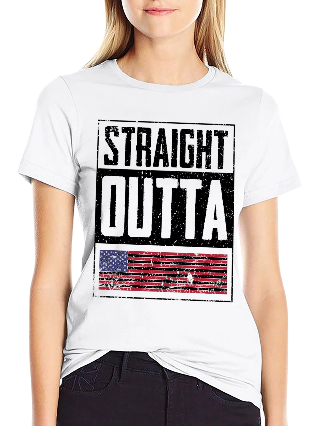 Straight Outta America T-Shirt - Distressed US Flag Design