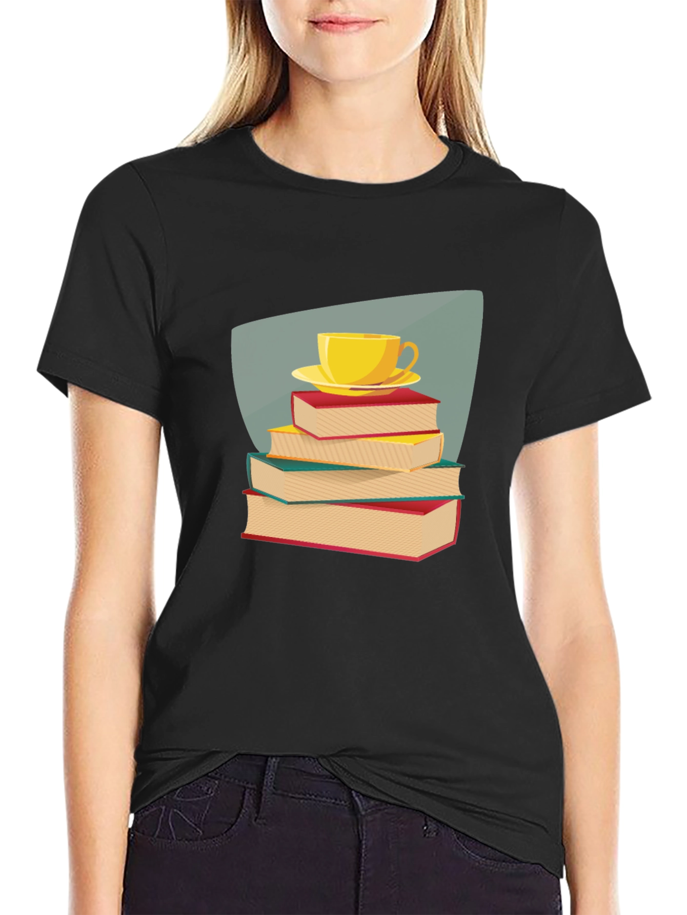 Book Lover T-Shirt - Stacked Books & Tea