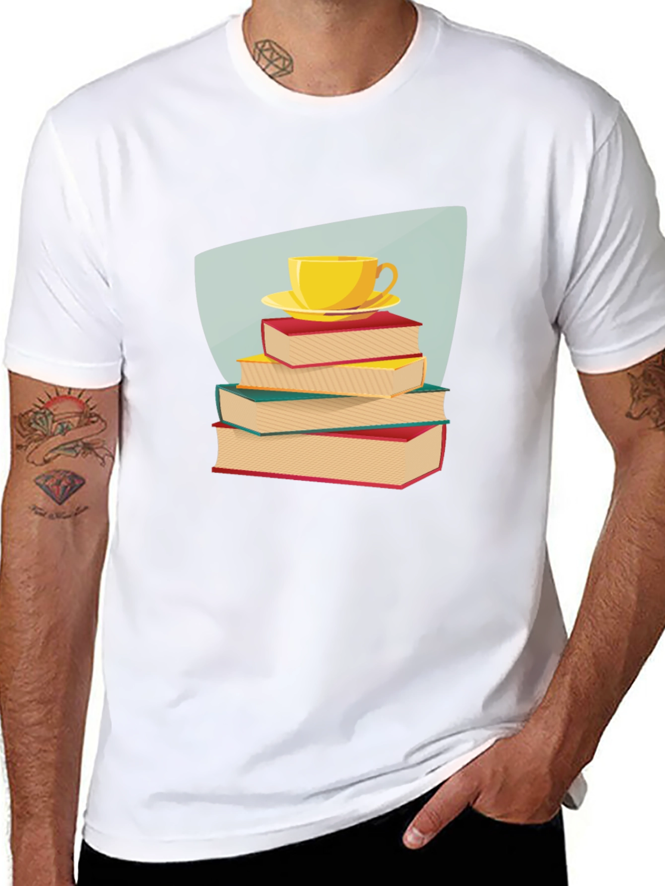 Book Lover T-Shirt - Stacked Books & Tea