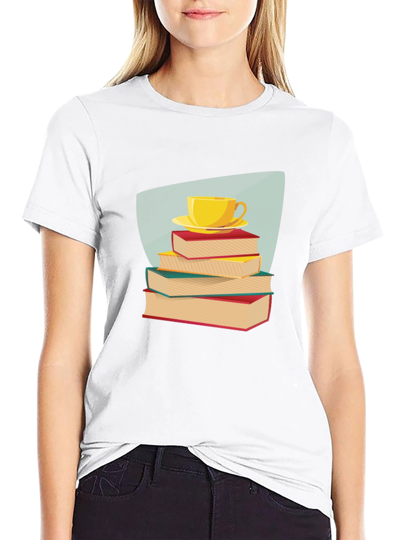 Book Lover T-Shirt - Stacked Books & Tea