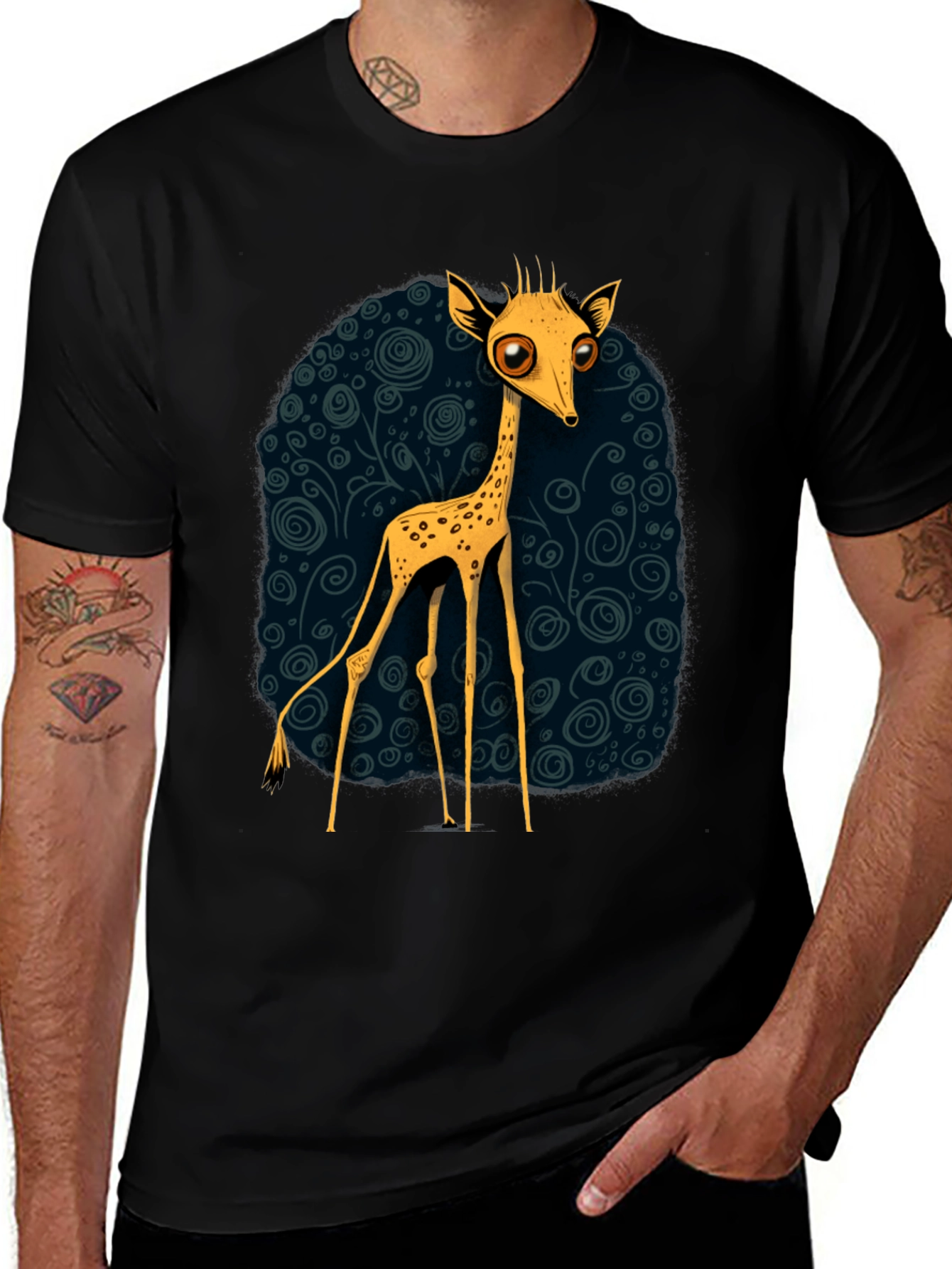 Cartoon Giraffe Graphic Tee - Quirky Black T-Shirt