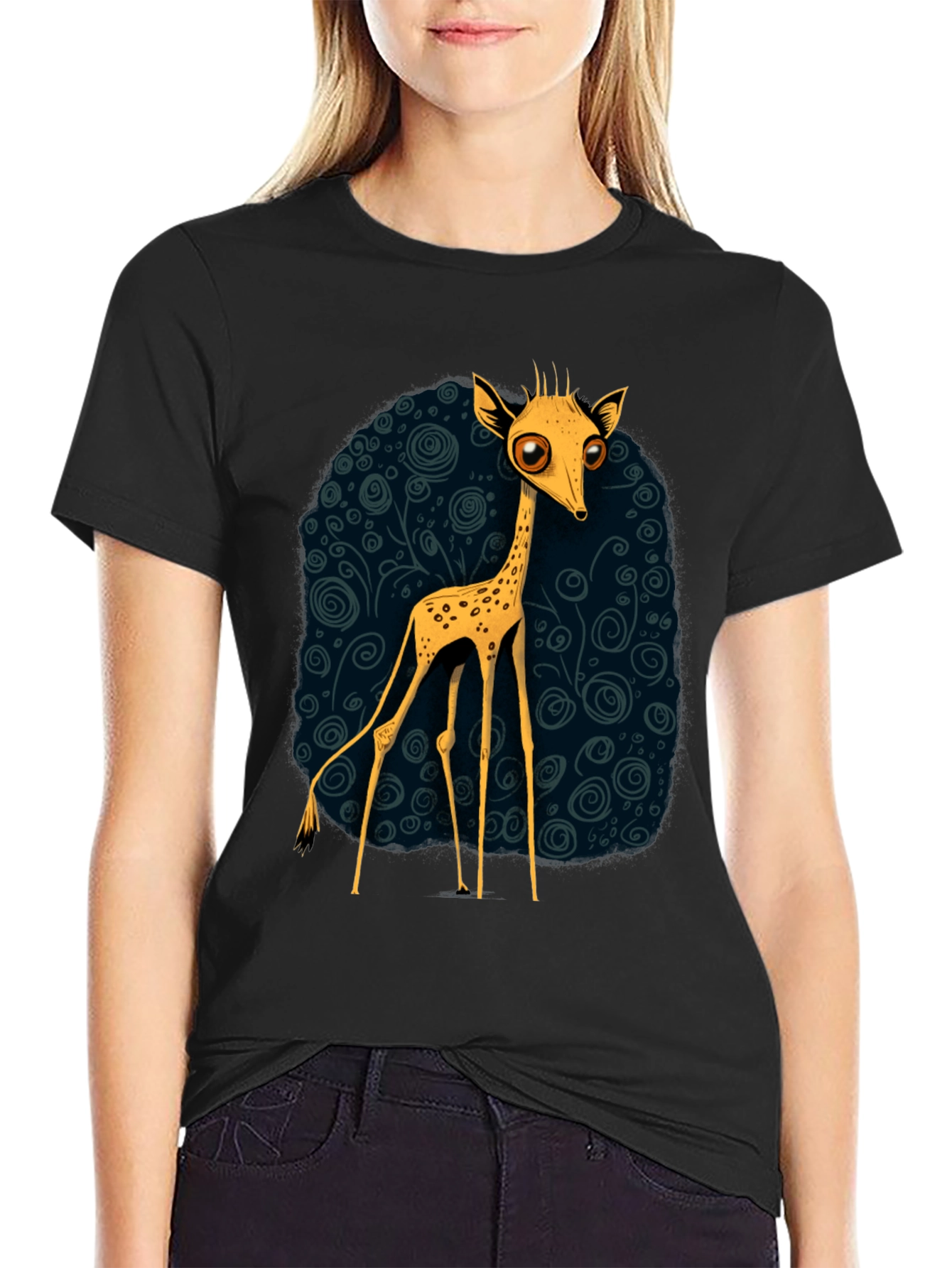 Cartoon Giraffe Graphic Tee - Quirky Black T-Shirt
