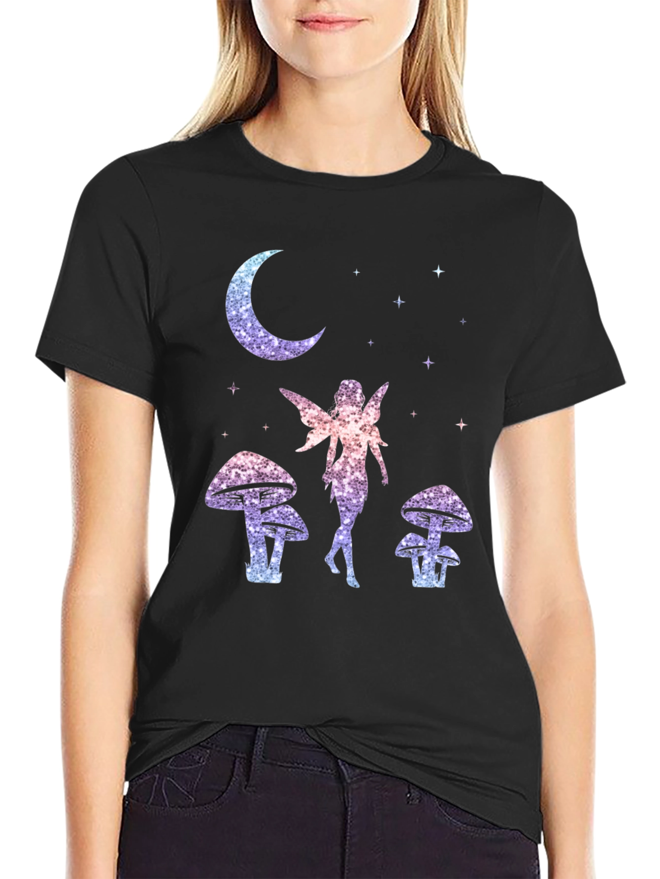 Fairy Moon Stars Mushroom Graphic T-Shirt