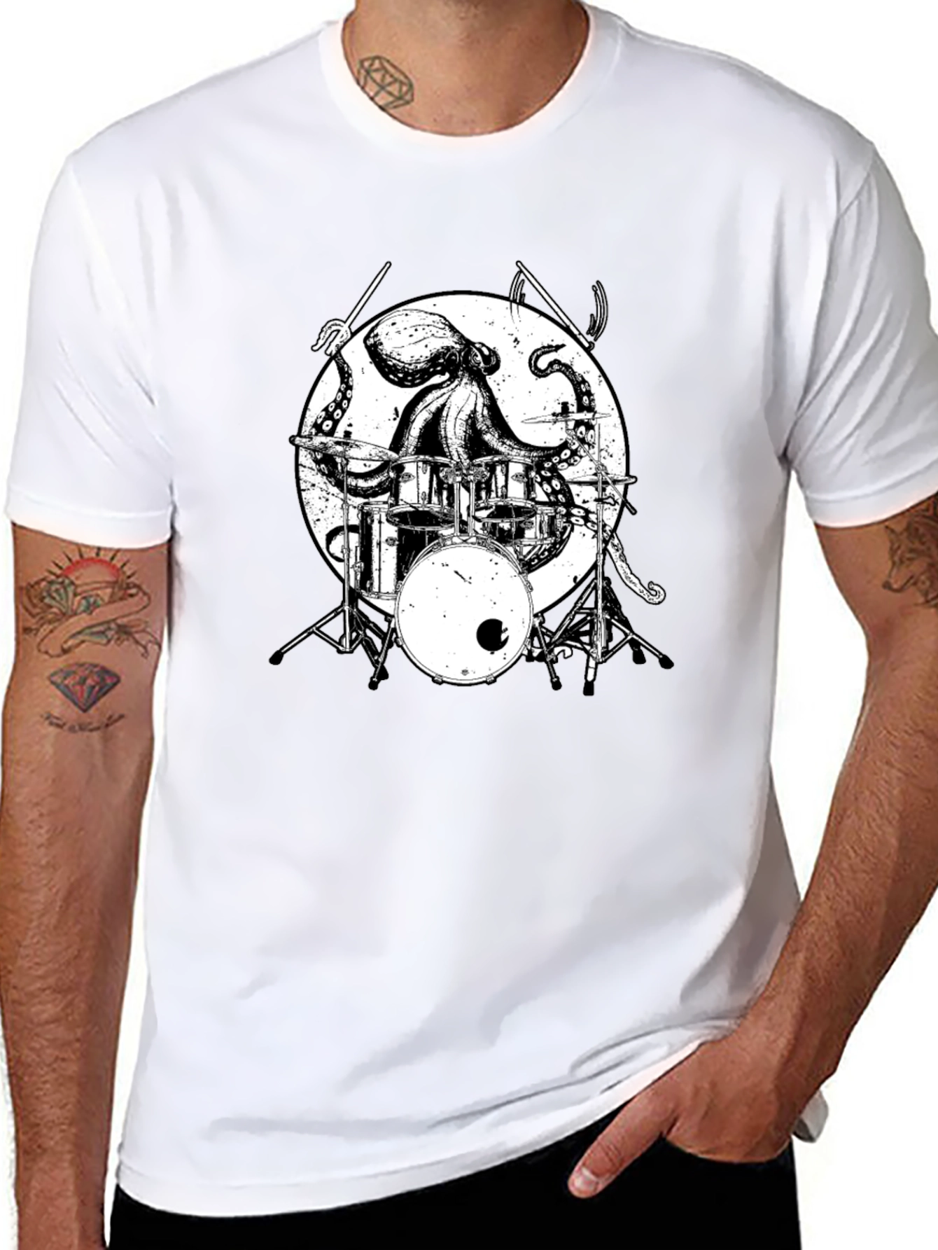 Octopus Drummer Graphic Tee - Black Cotton T-Shirt