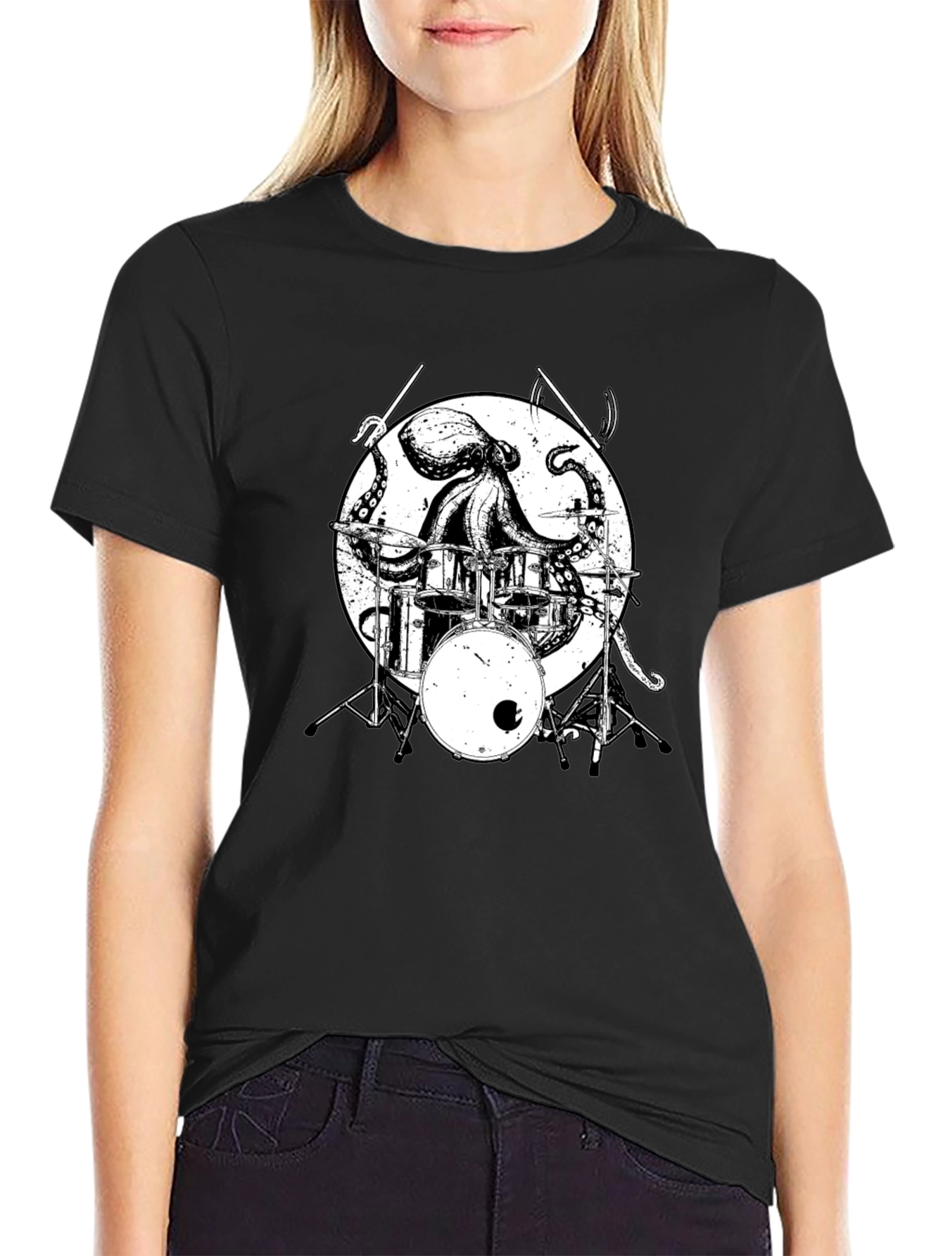 Octopus Drummer Graphic Tee - Black Cotton T-Shirt