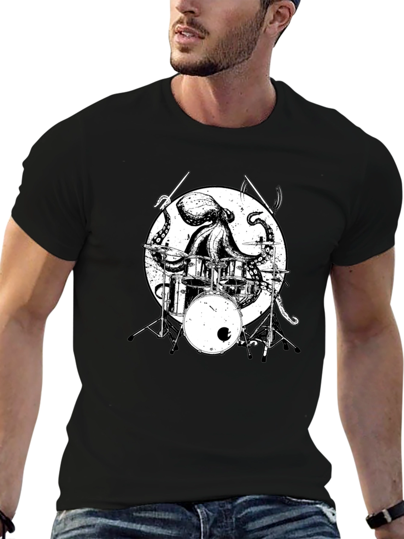 Octopus Drummer Graphic Tee - Black Cotton T-Shirt