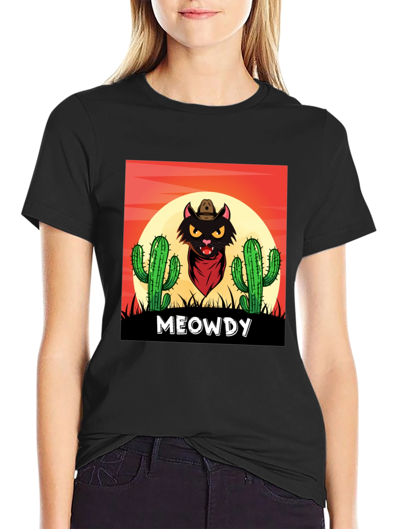 Meowdy Black Cat Cowboy Graphic T-Shirt