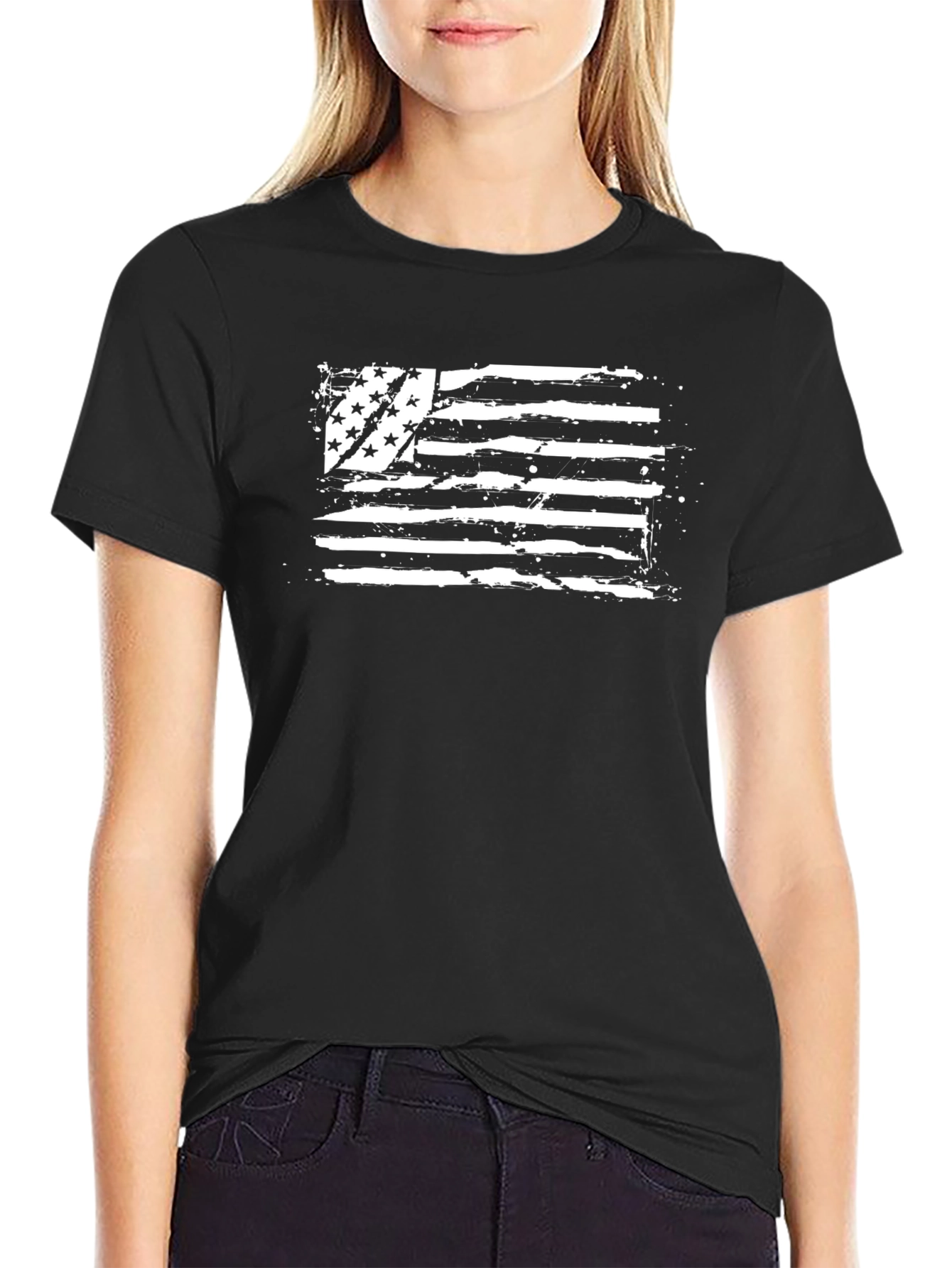 Distressed American Flag Graphic Tee - Black