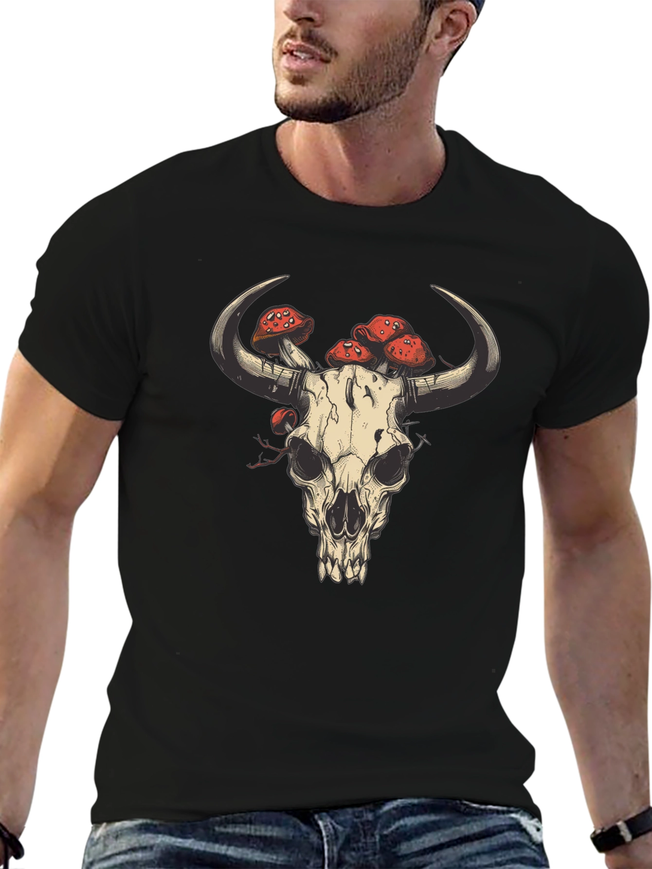 Skull & Mushrooms Graphic Tee - Black