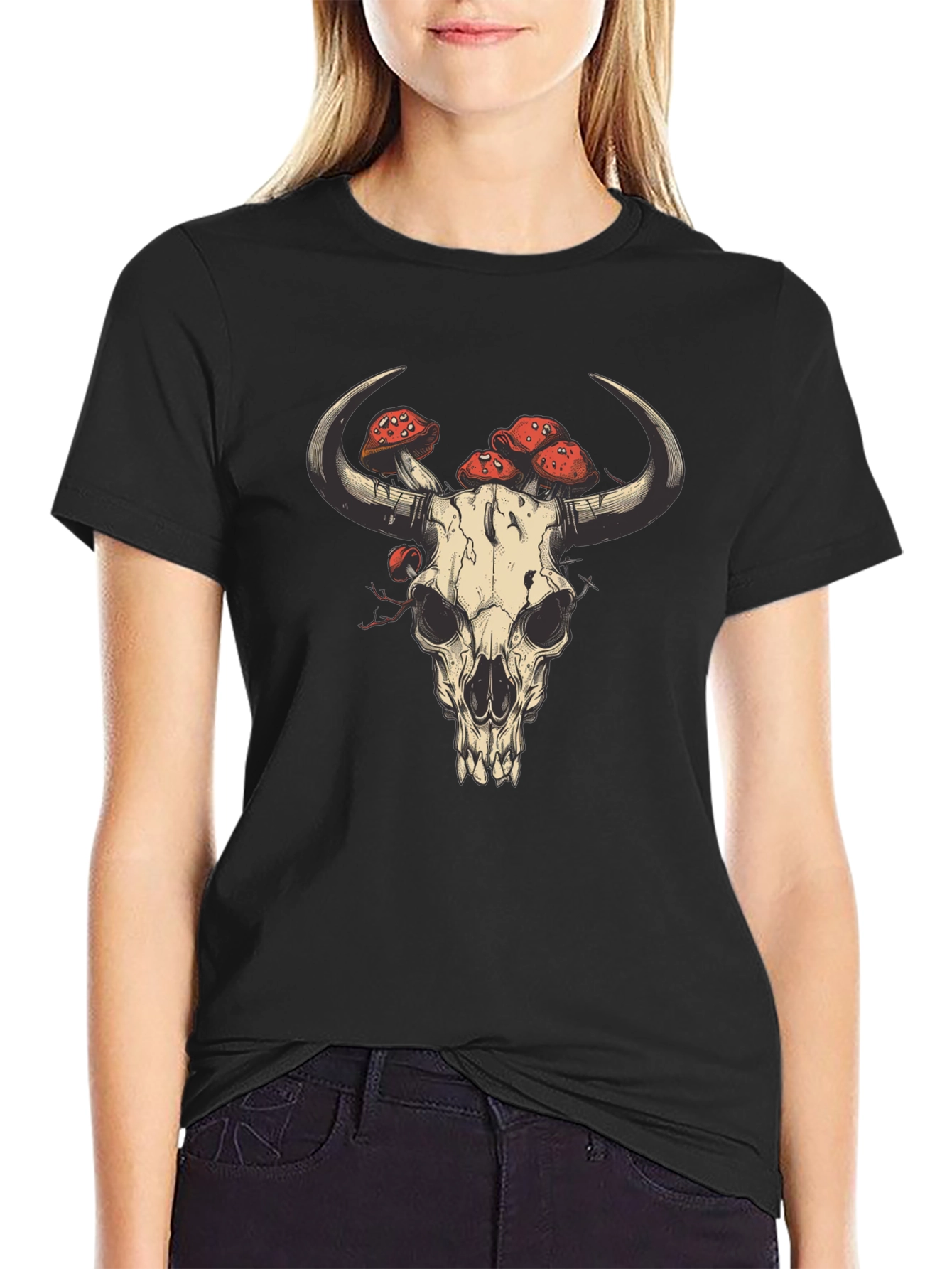 Skull & Mushrooms Graphic Tee - Black