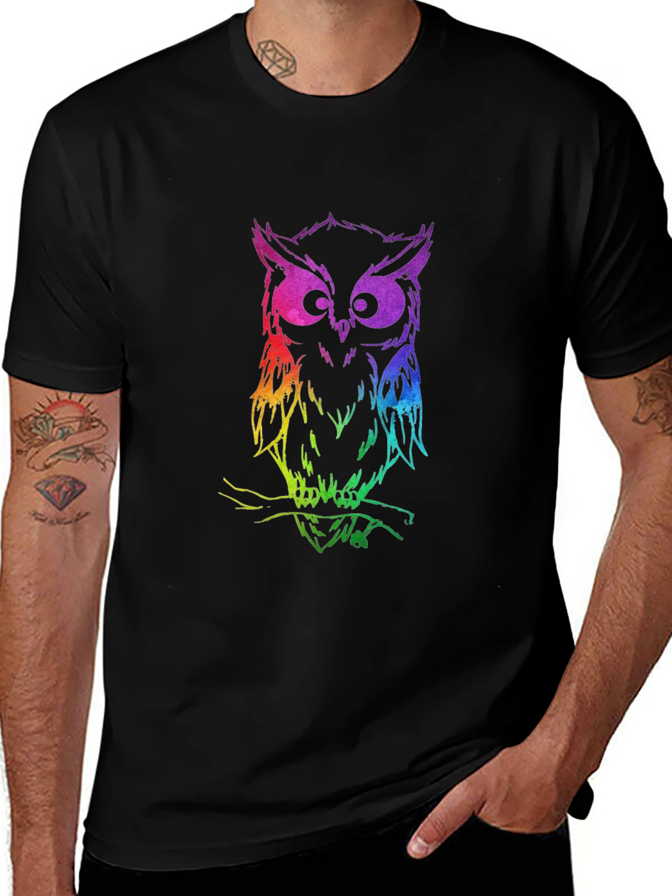 Rainbow Owl Graphic Black T-Shirt