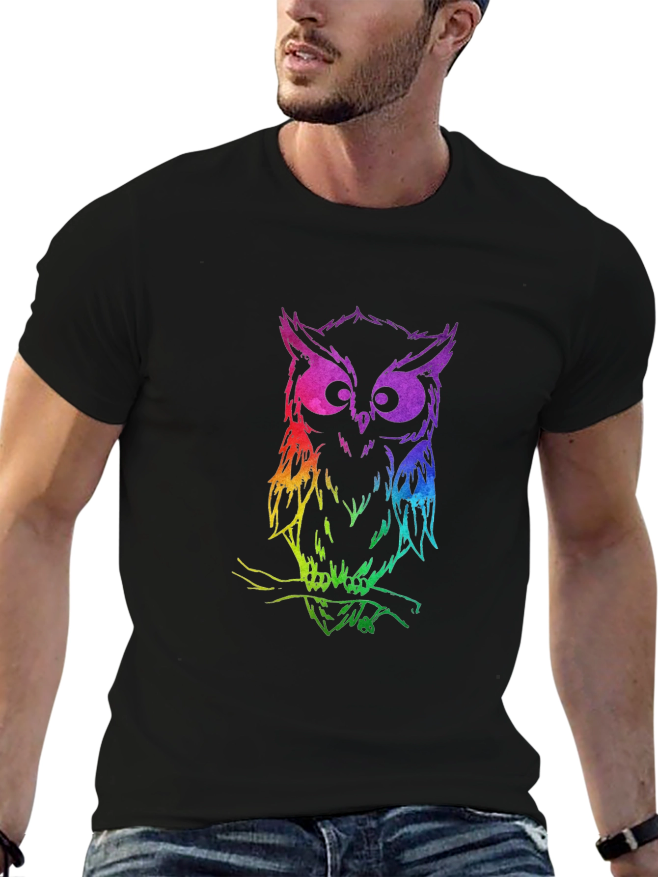 Rainbow Owl Graphic Black T-Shirt