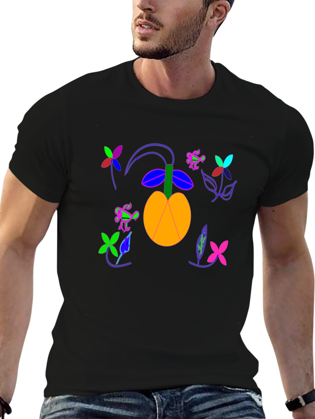 Black T-Shirt with Fruit and Flower Design