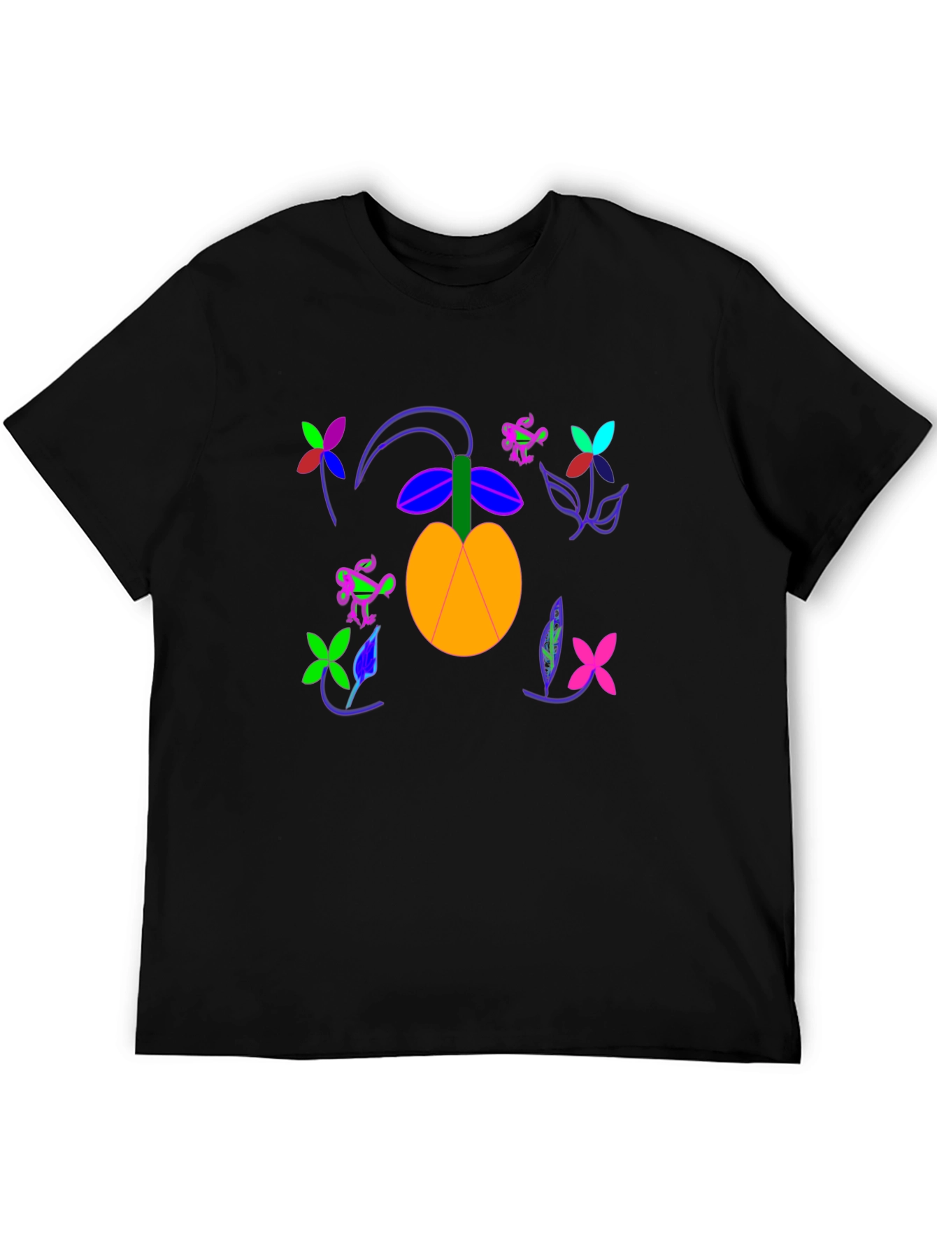 Black T-Shirt with Fruit and Flower Design