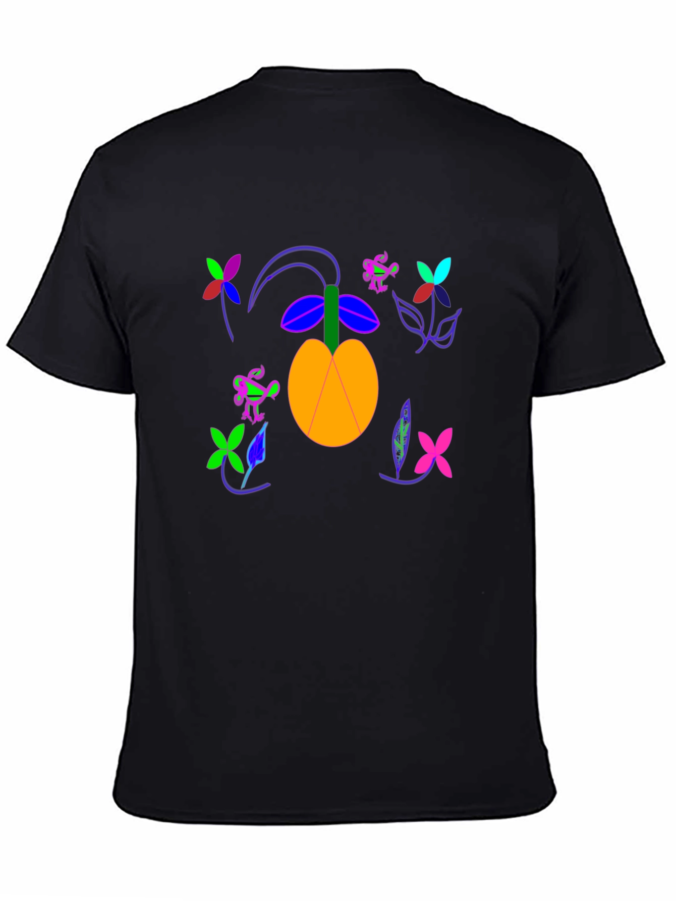 Black T-Shirt with Fruit and Flower Design