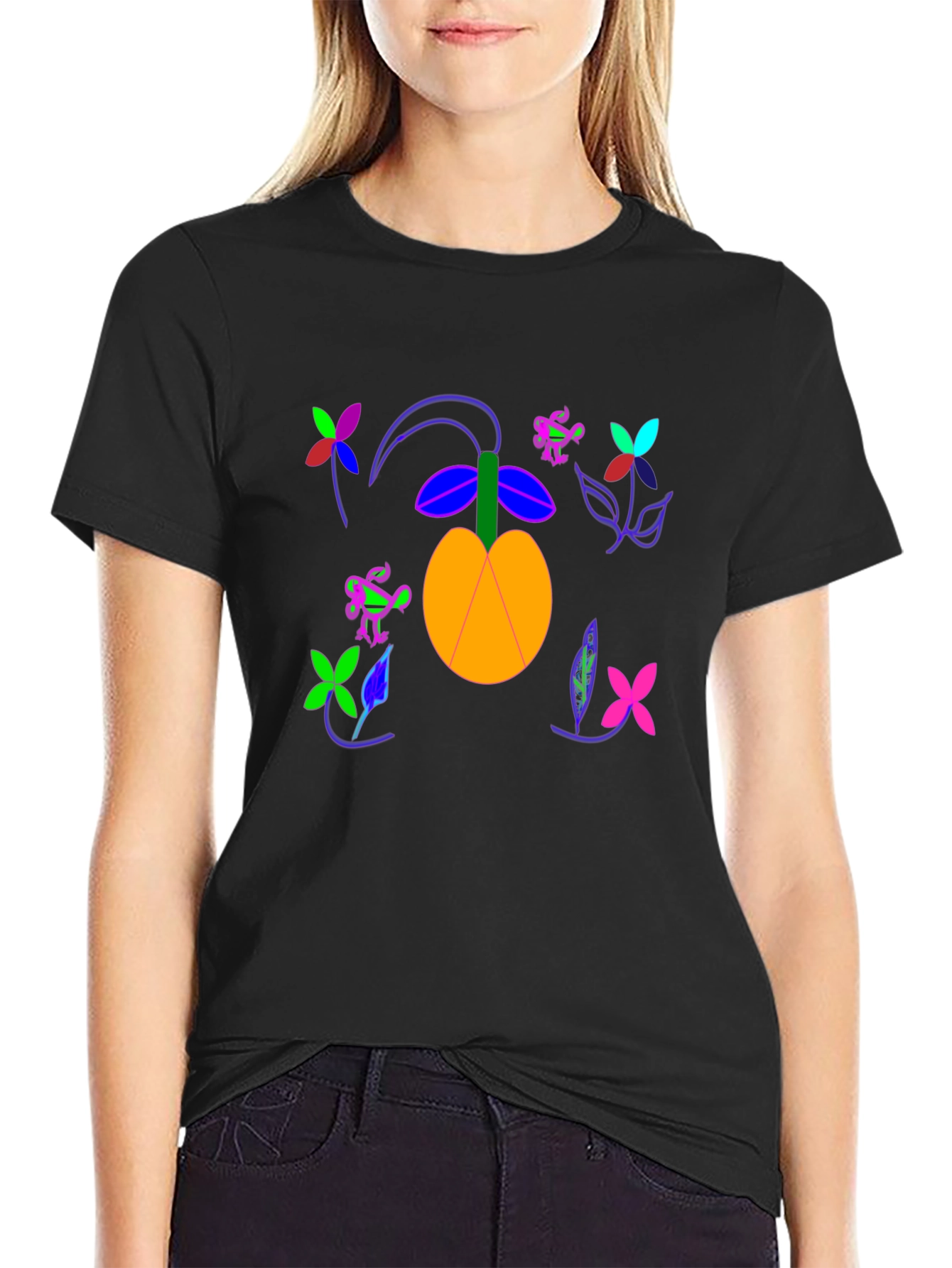 Black T-Shirt with Fruit and Flower Design