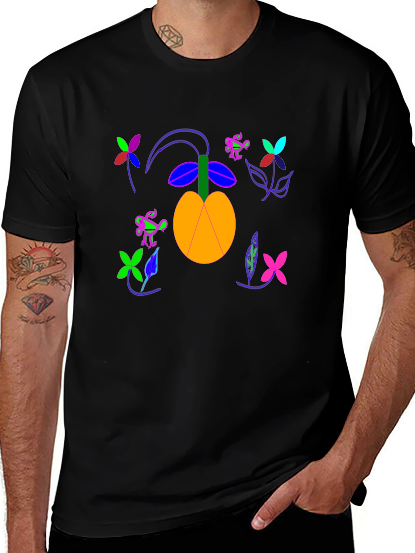 Black T-Shirt with Fruit and Flower Design