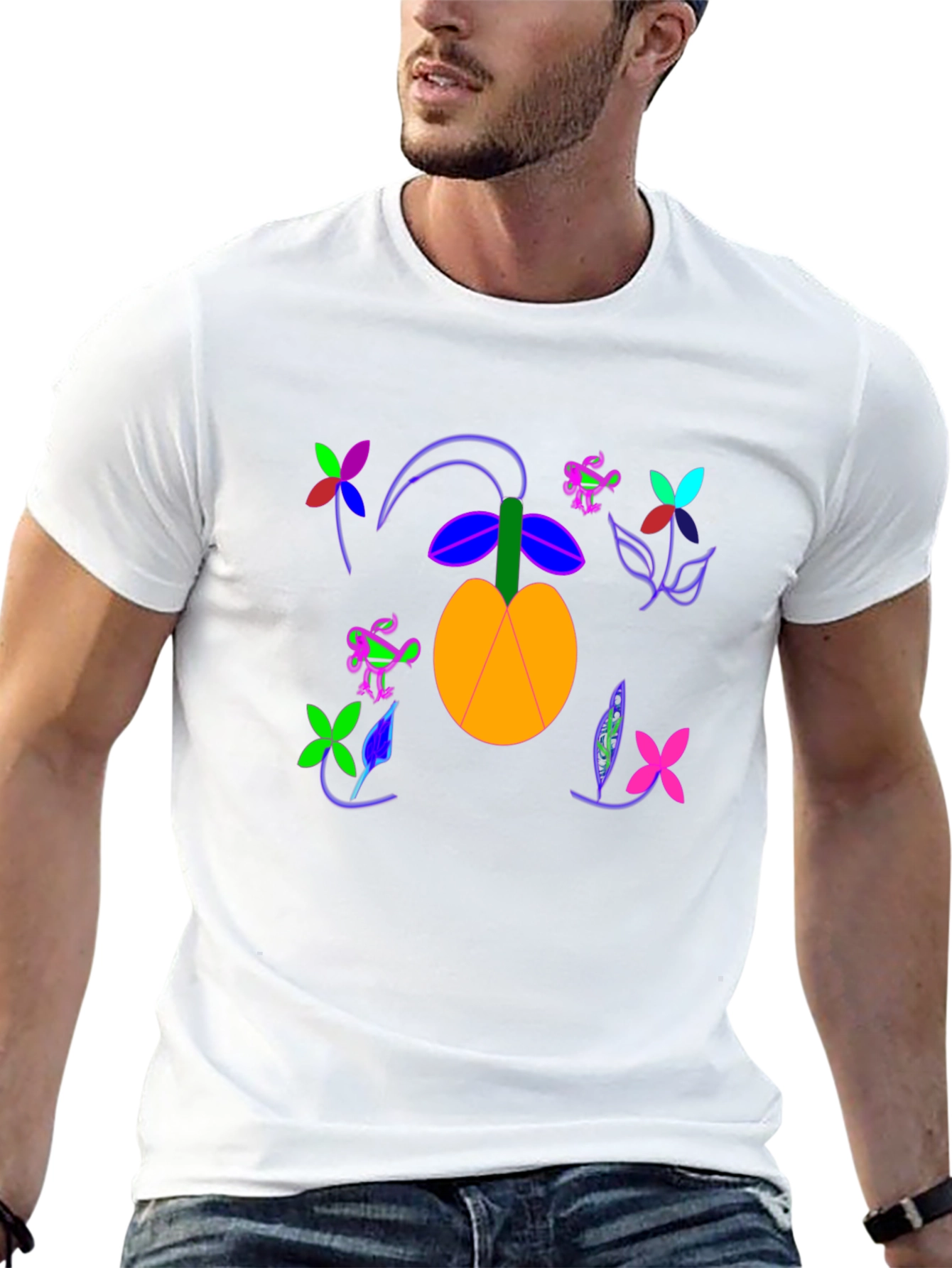 Black T-Shirt with Fruit and Flower Design