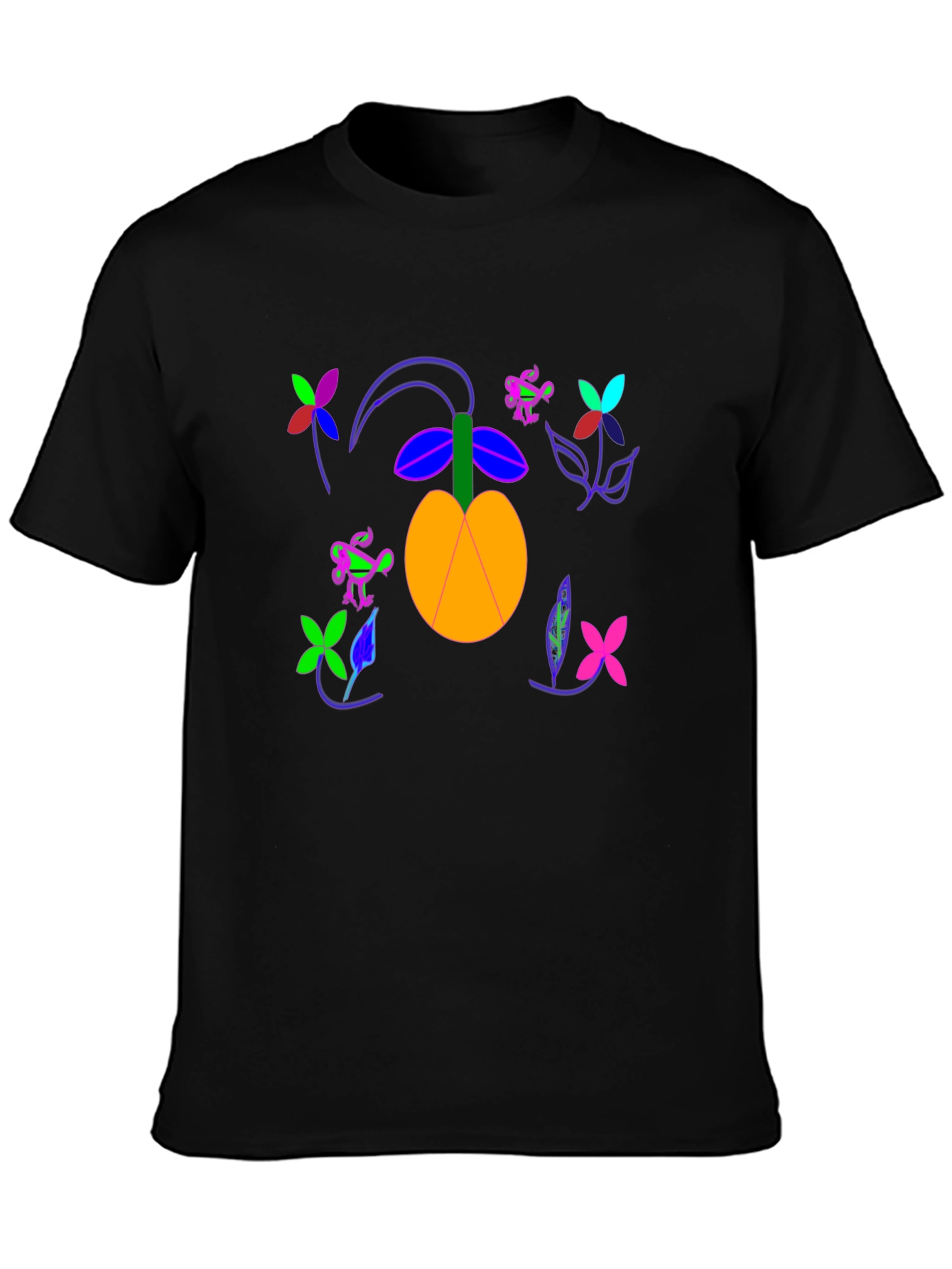 Black T-Shirt with Fruit and Flower Design