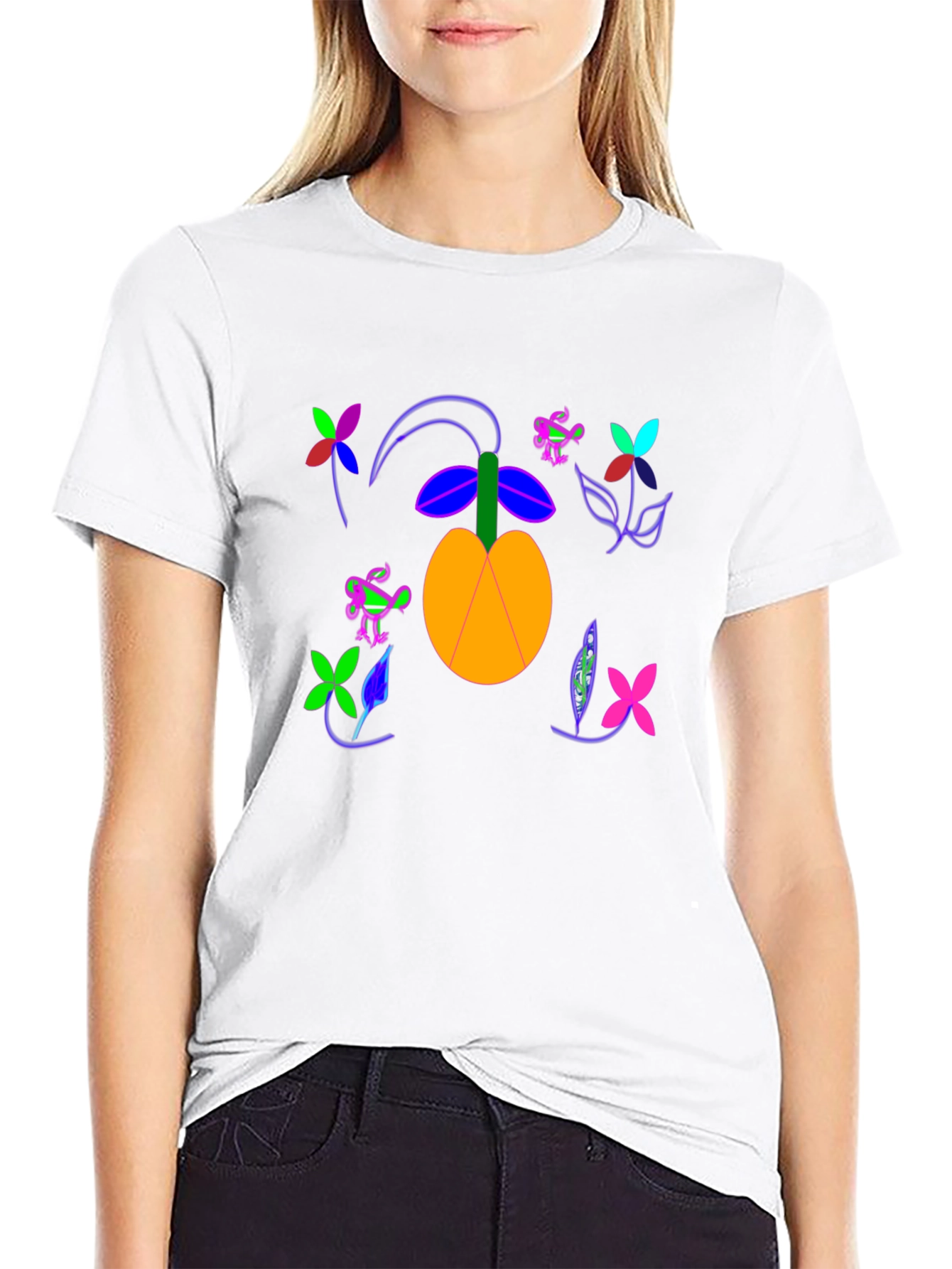 Black T-Shirt with Fruit and Flower Design
