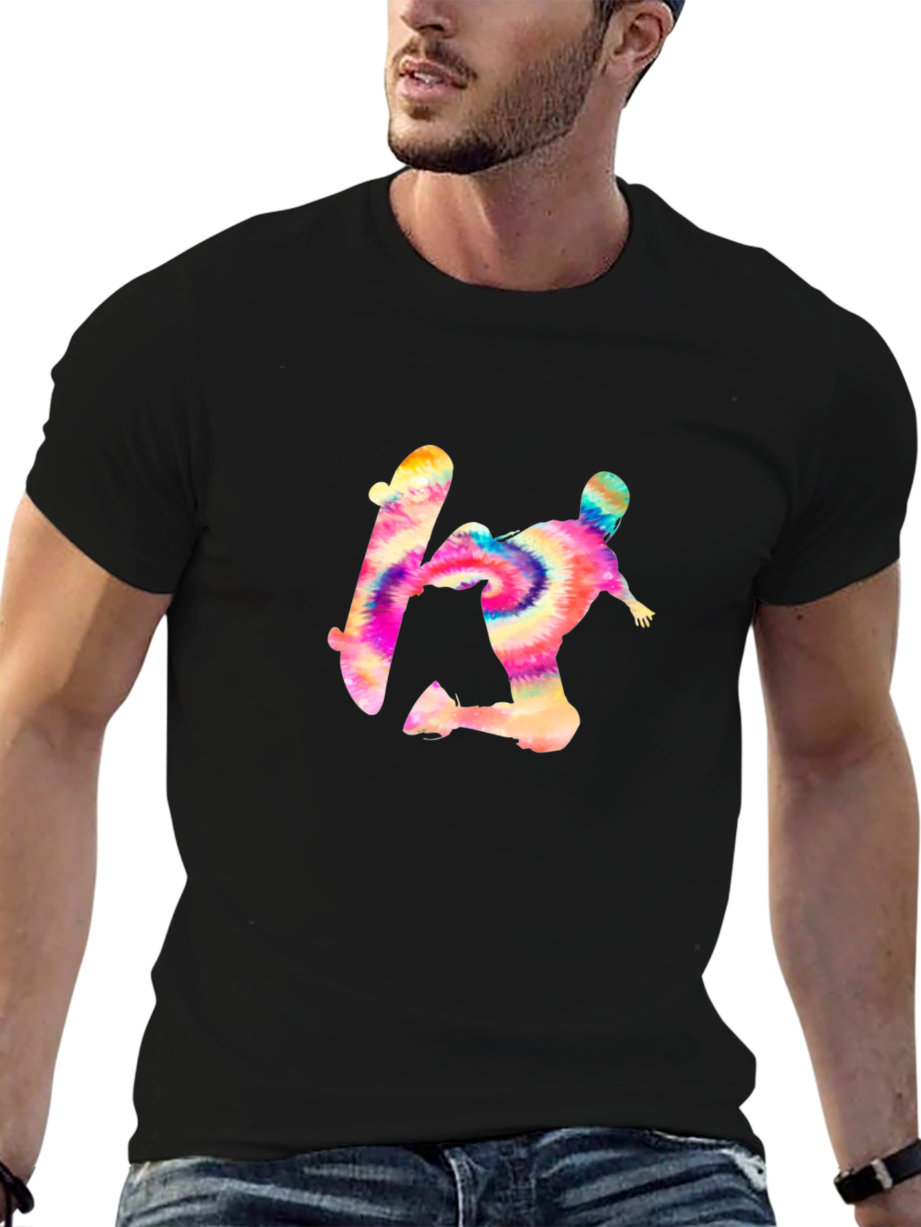 Tie-Dye Skateboarder Graphic Black Tee
