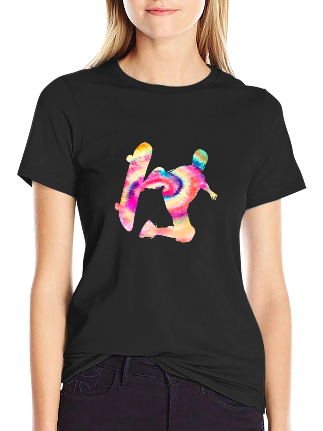 Tie-Dye Skateboarder Graphic Black Tee