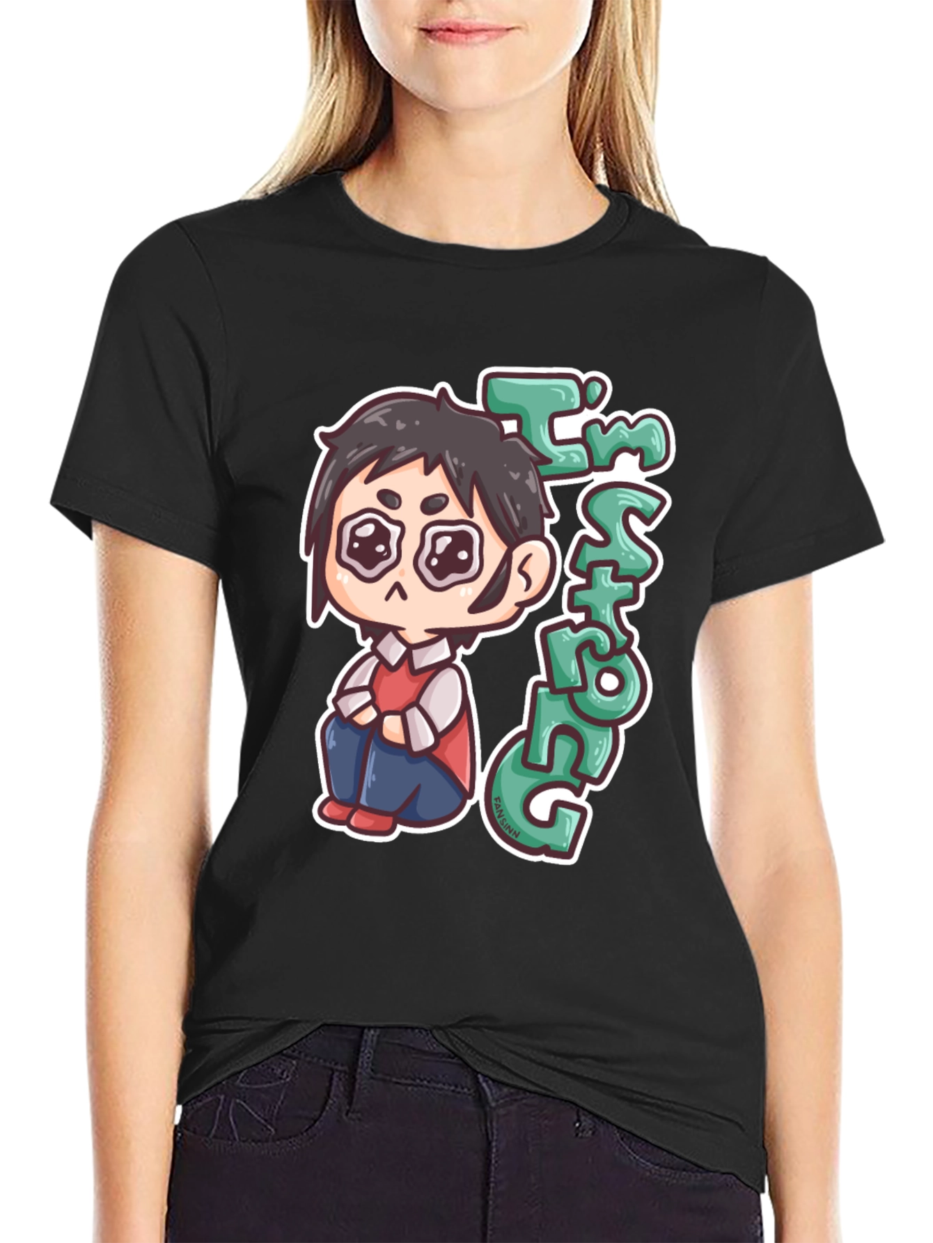 Chibi Anime Im Strong Graphic Black T-Shirt
